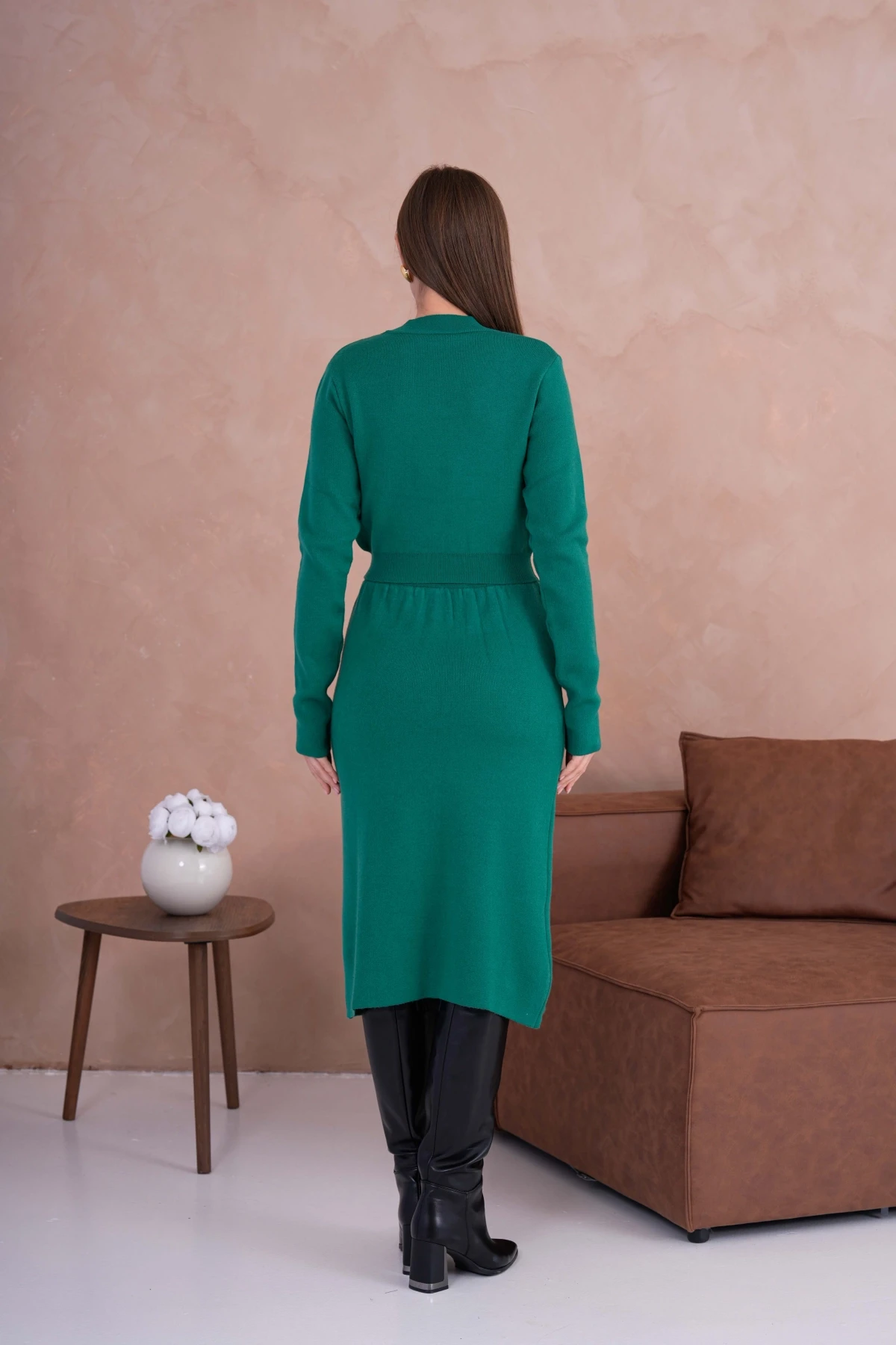 Kadın Dik Yaka Crop Kazak-Bel Lastikli Etek İkili Triko Takım