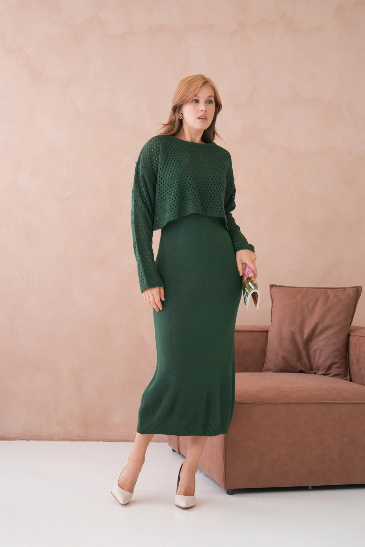 Kadın Geniş Yaka Örgü Detay İkili Triko Takım