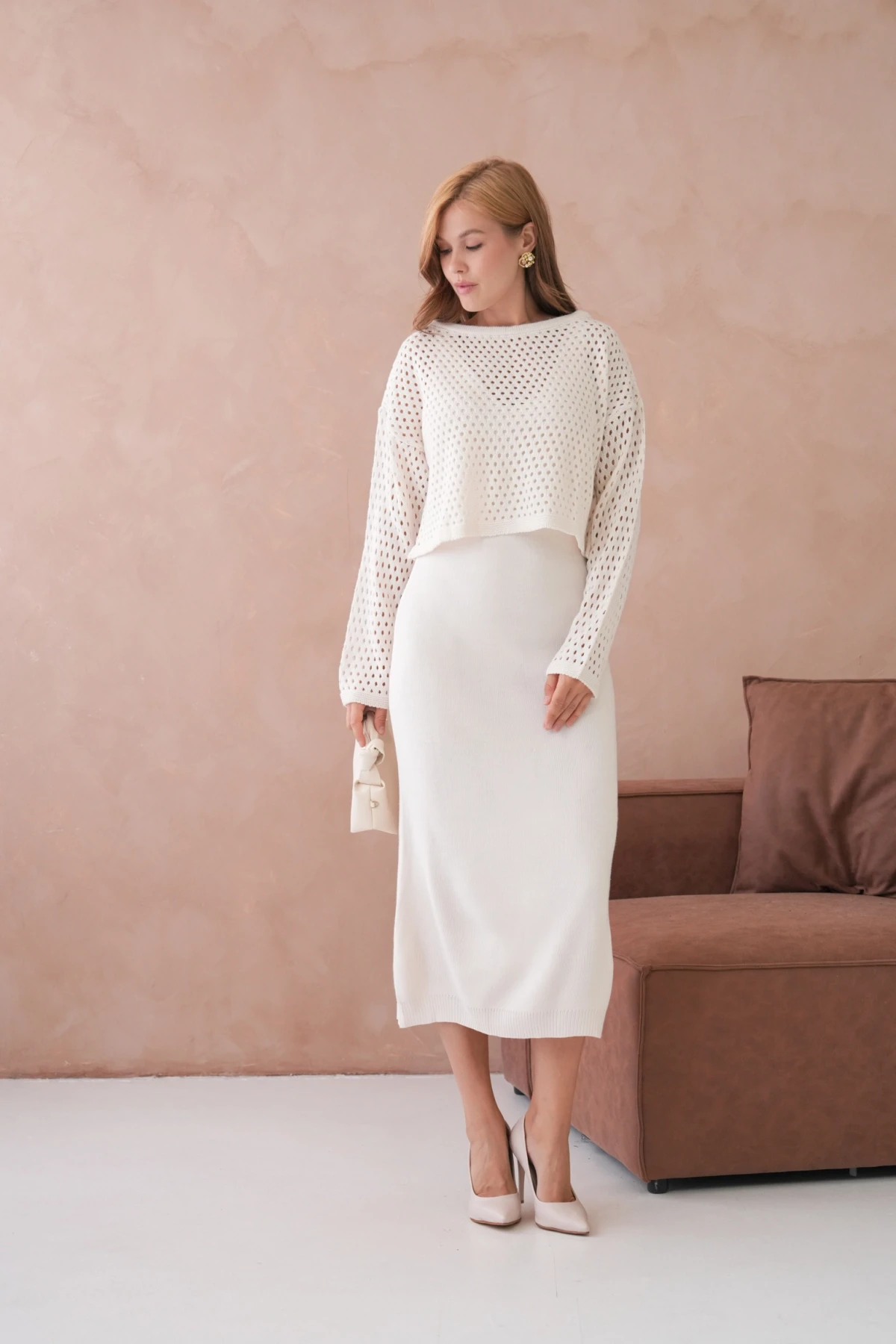 Kadın Geniş Yaka Örgü Detay İkili Triko Takım