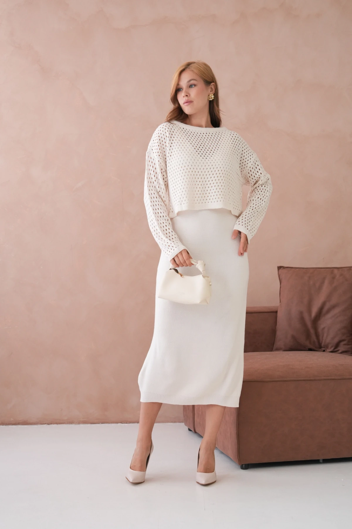 Kadın Geniş Yaka Örgü Detay İkili Triko Takım