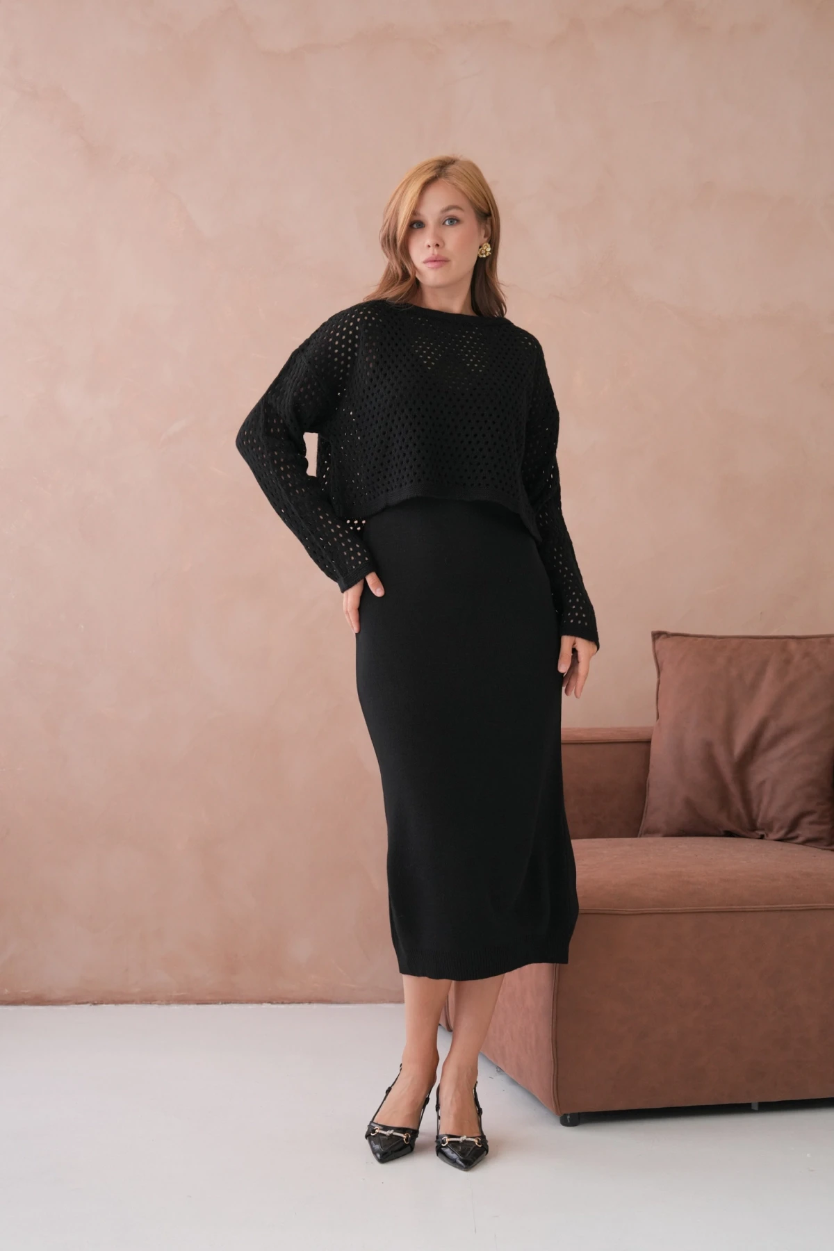 Kadın Geniş Yaka Örgü Detay İkili Triko Takım