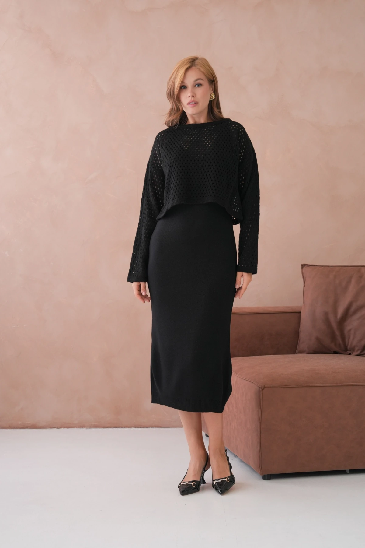 Kadın Geniş Yaka Örgü Detay İkili Triko Takım