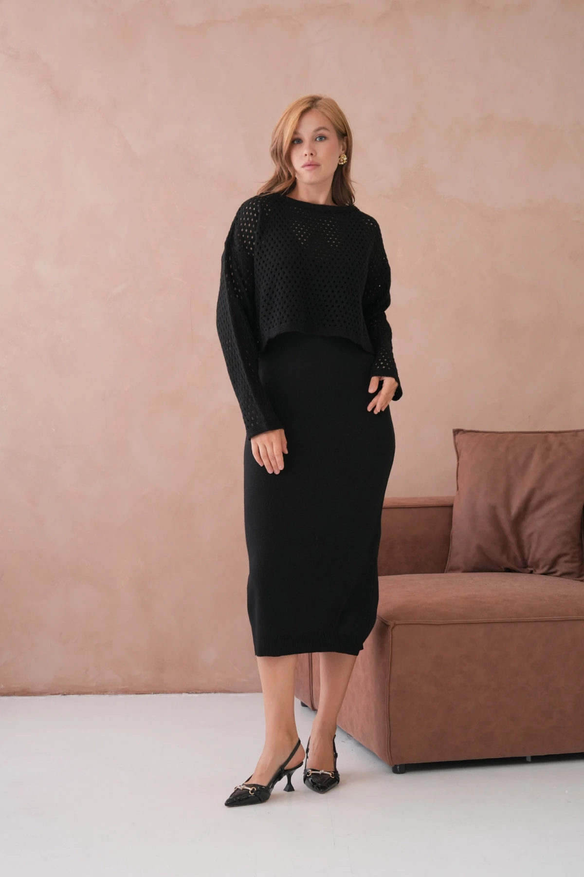 Kadın Geniş Yaka Örgü Detay İkili Triko Takım