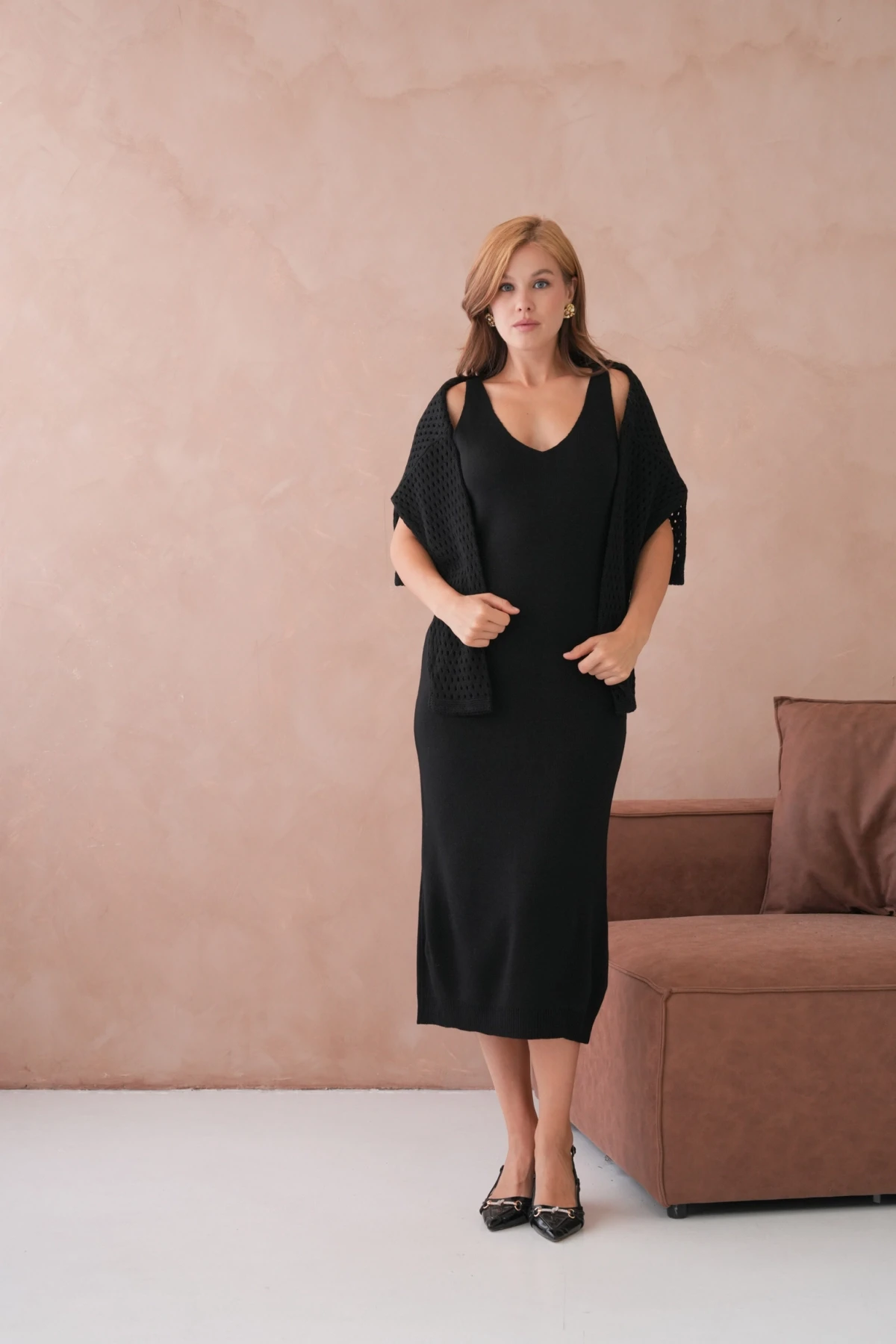 Kadın Geniş Yaka Örgü Detay İkili Triko Takım