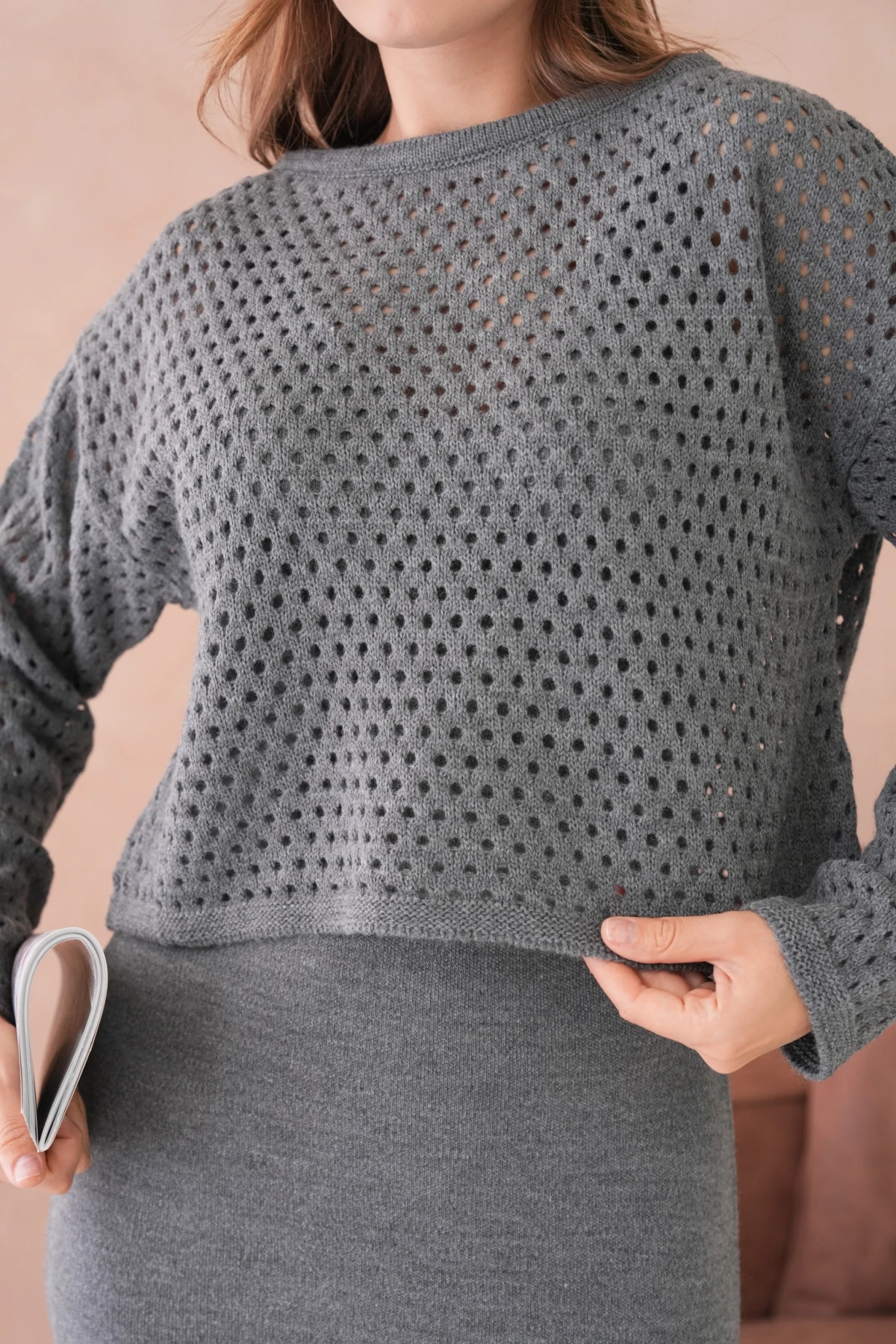 Kadın Geniş Yaka Örgü Detay İkili Triko Takım