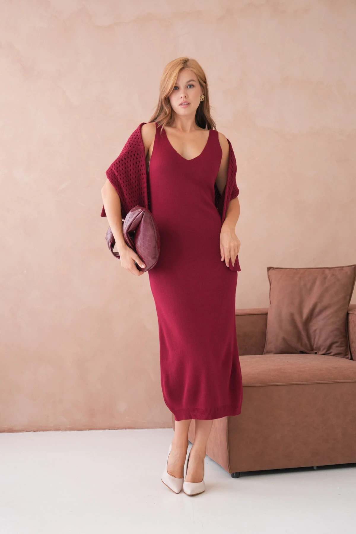 Kadın Geniş Yaka Örgü Detay İkili Triko Takım