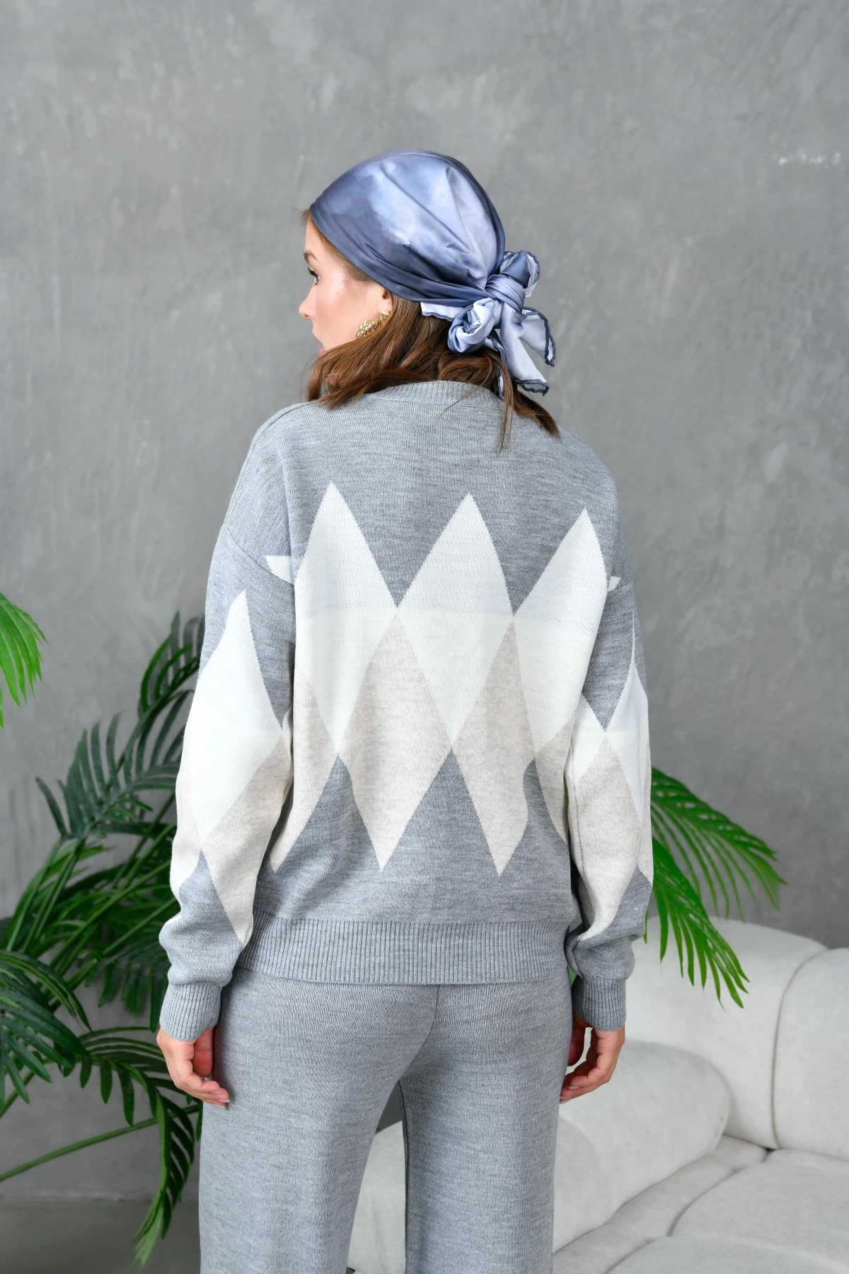 Kadın Gri Bisiklet Yaka Baklava Desenli Kazak Pantolon Triko Alt-Üst Takım