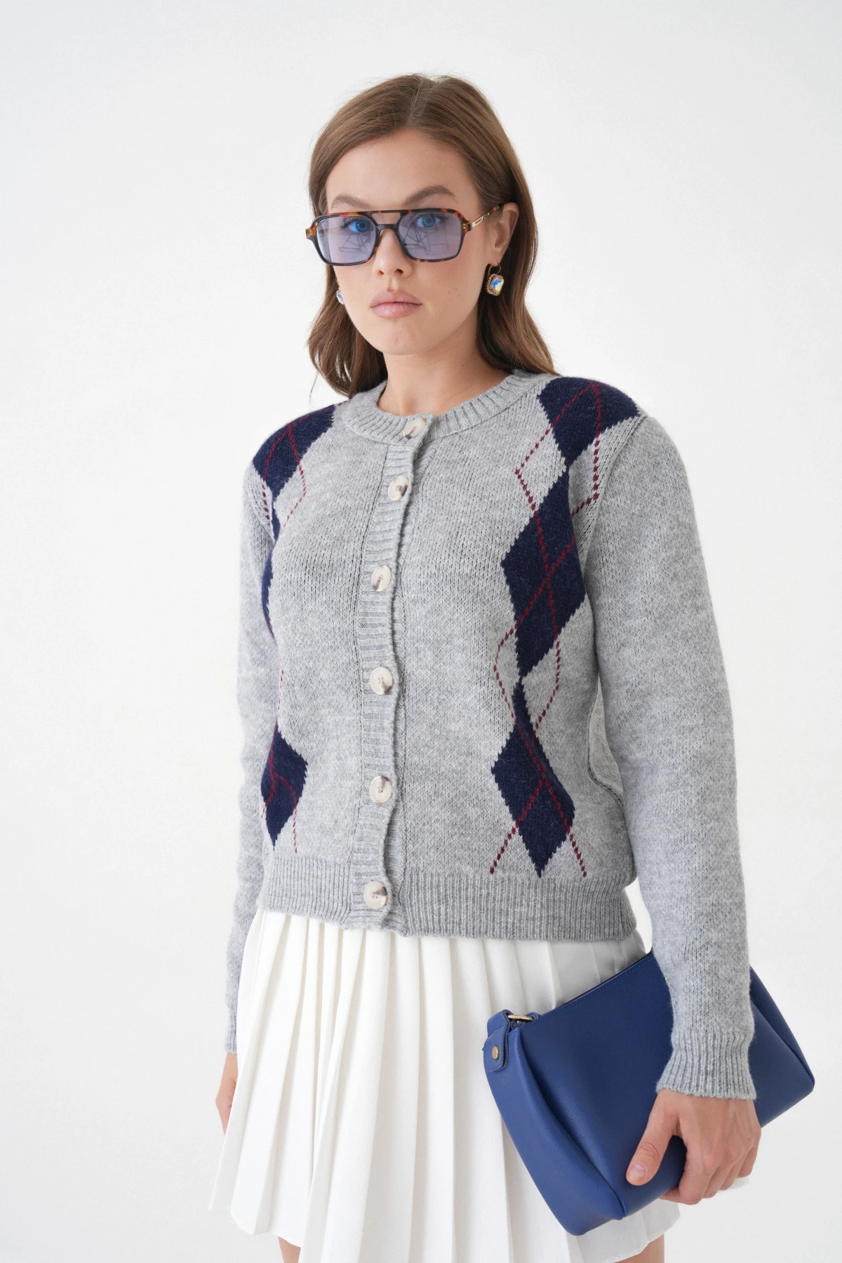 Kadın Gri Bisiklet Yaka Düğme Detay Desenli Triko Hırka