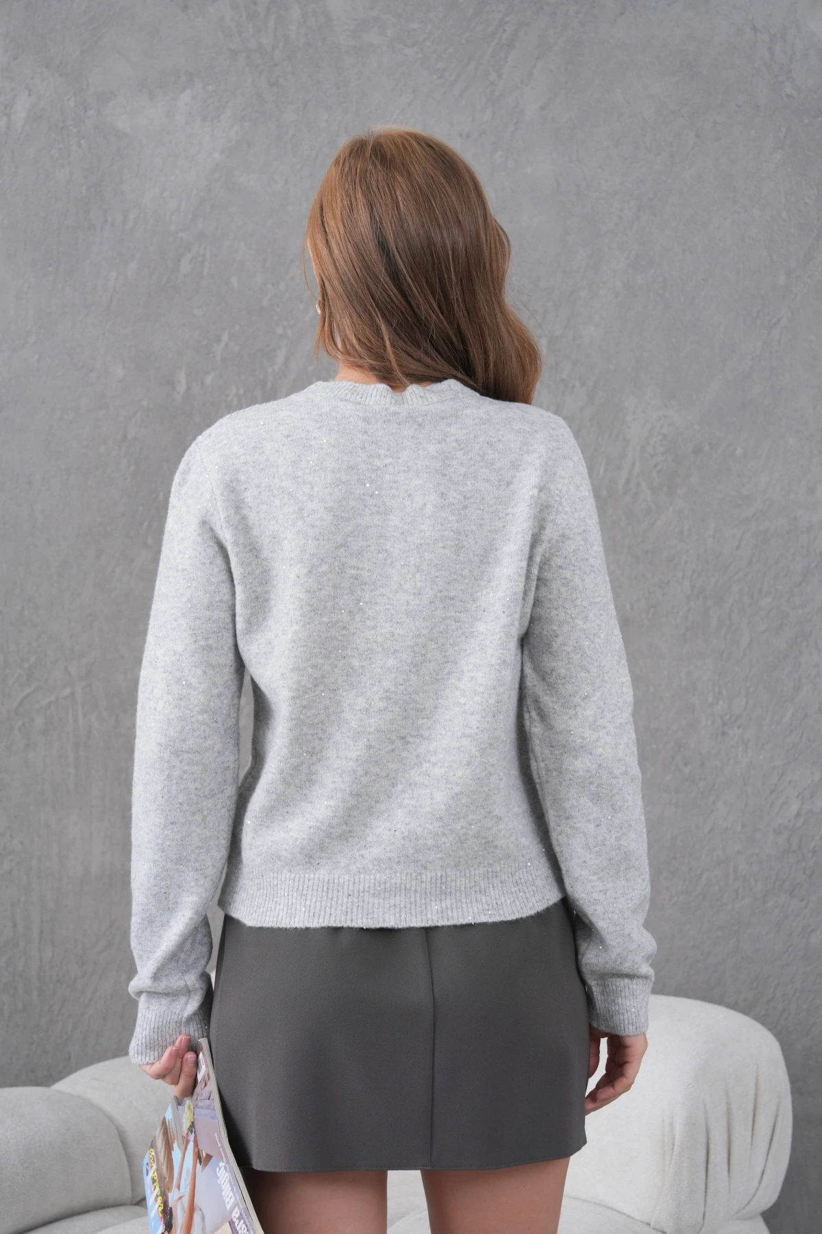 Kadın Gri Bisiklet Yaka Düğme Detay Yumuşak Dokulu Triko Hırka