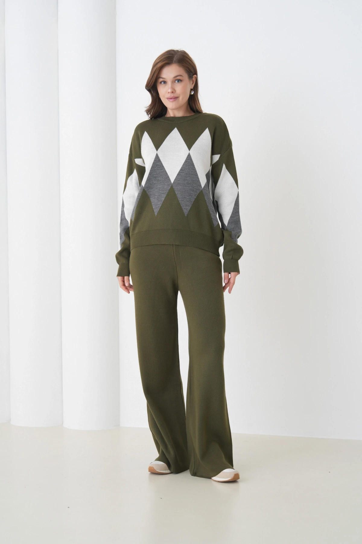 Kadın Haki Bisiklet Yaka Baklava Desenli Kazak Pantolon Triko Alt-Üst Takım