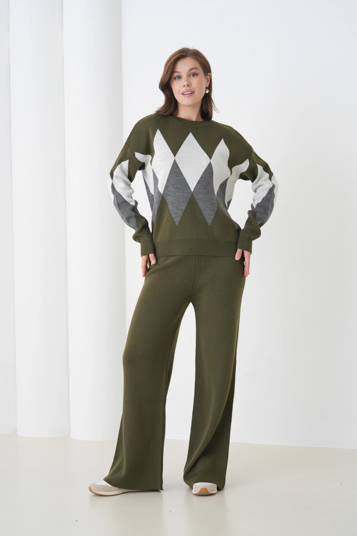 Kadın Haki Bisiklet Yaka Baklava Desenli Kazak Pantolon Triko Alt-Üst Takım