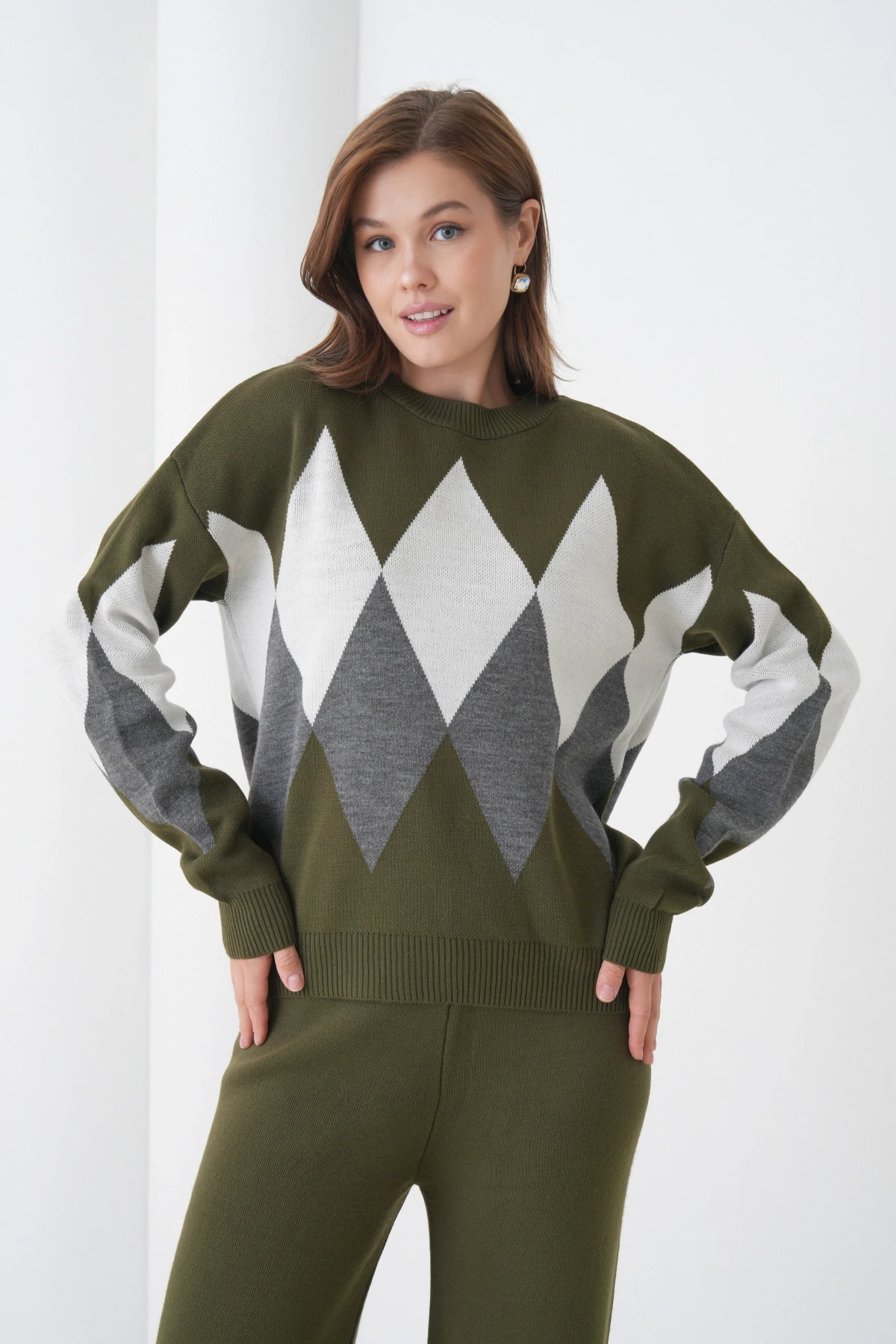 Kadın Haki Bisiklet Yaka Baklava Desenli Kazak Pantolon Triko Alt-Üst Takım