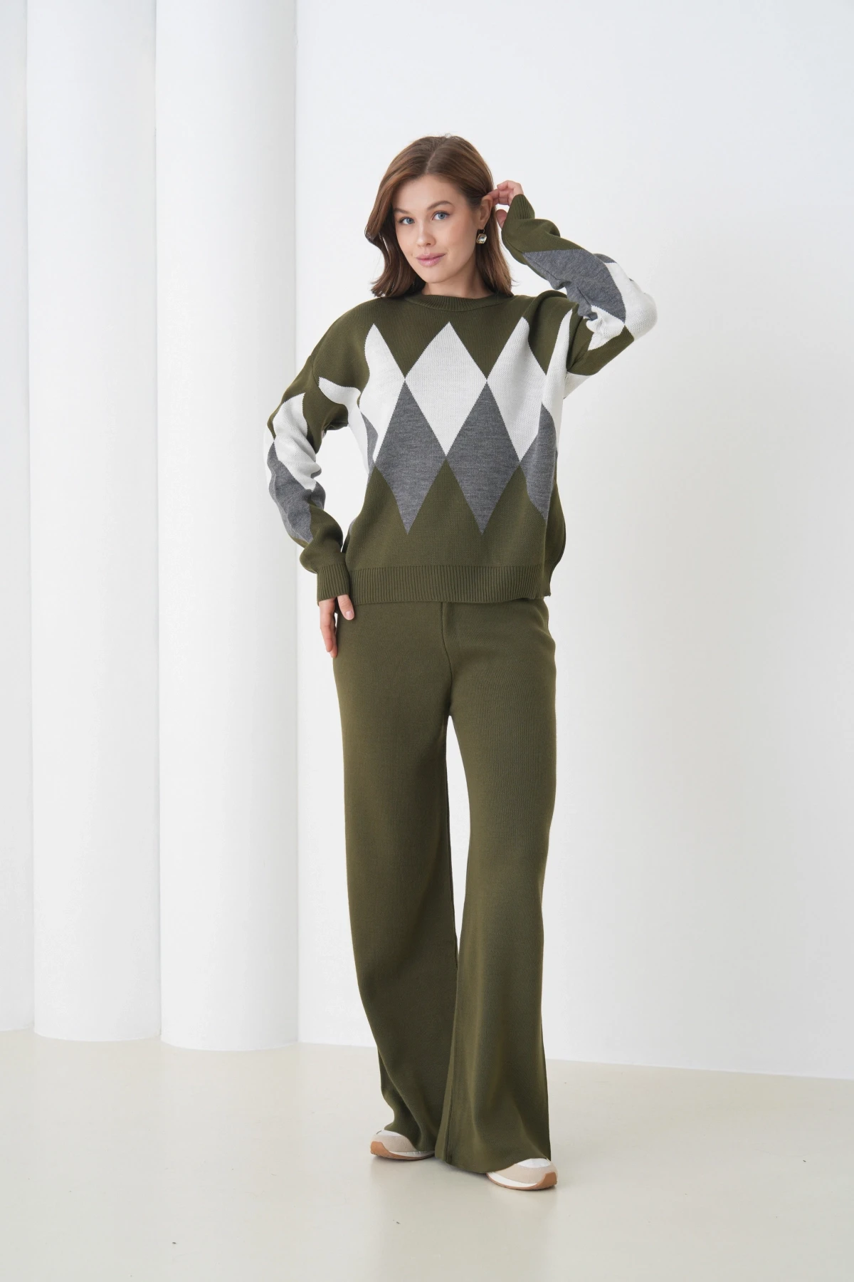 Kadın Haki Bisiklet Yaka Baklava Desenli Kazak Pantolon Triko Alt-Üst Takım