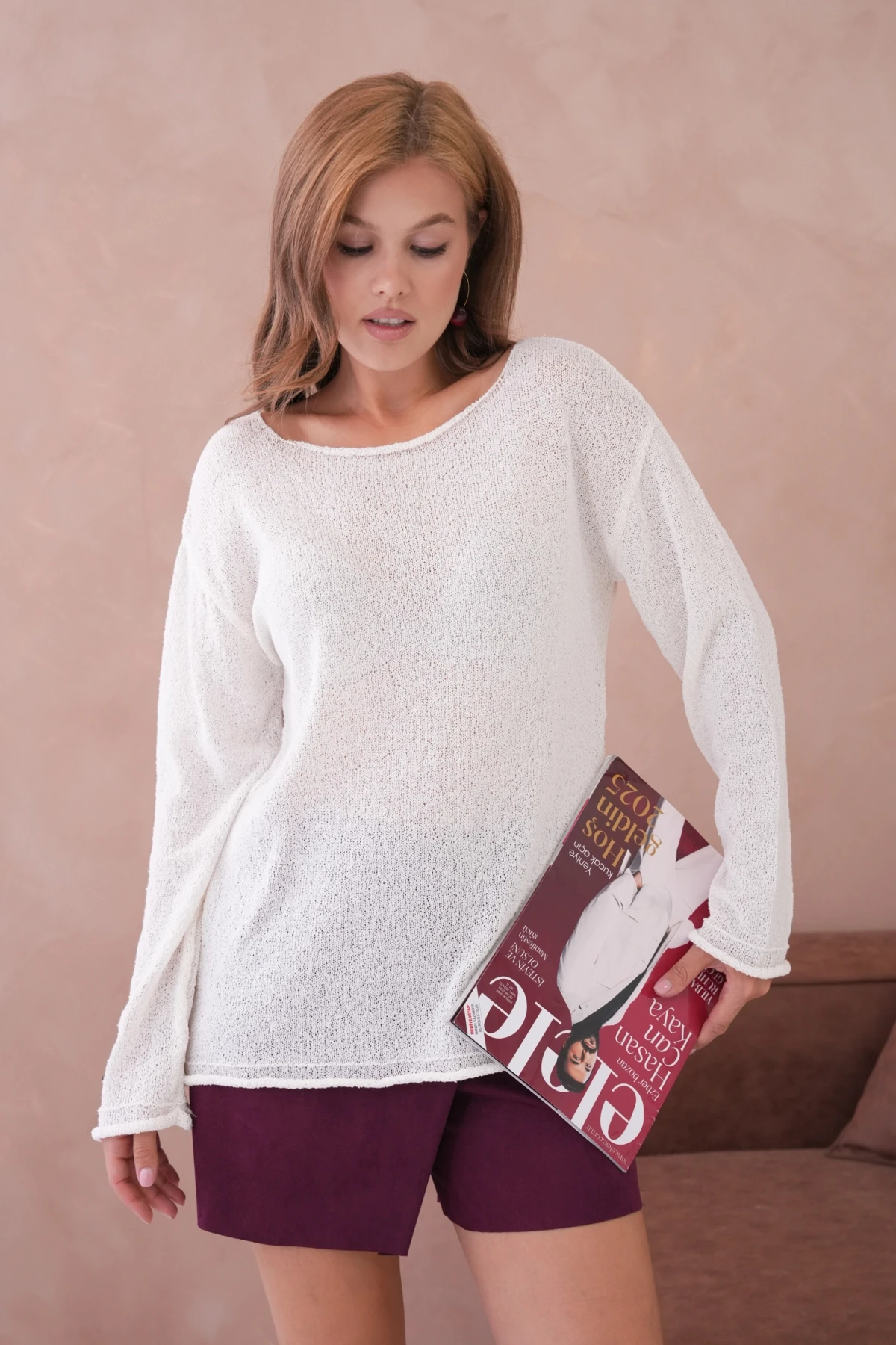 Kadın Kemik Basic Oversize Kayık Yaka Dokulu Triko Kazak