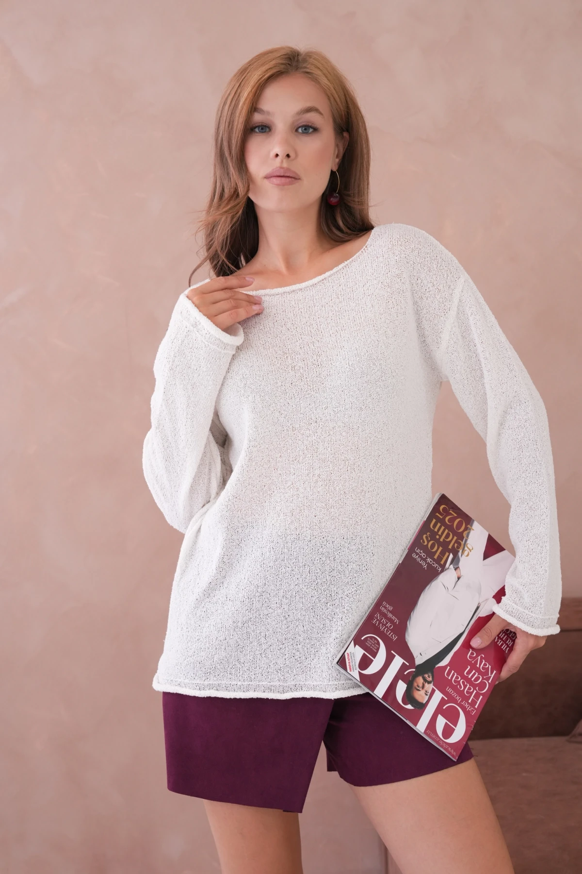 Kadın Kemik Basic Oversize Kayık Yaka Dokulu Triko Kazak