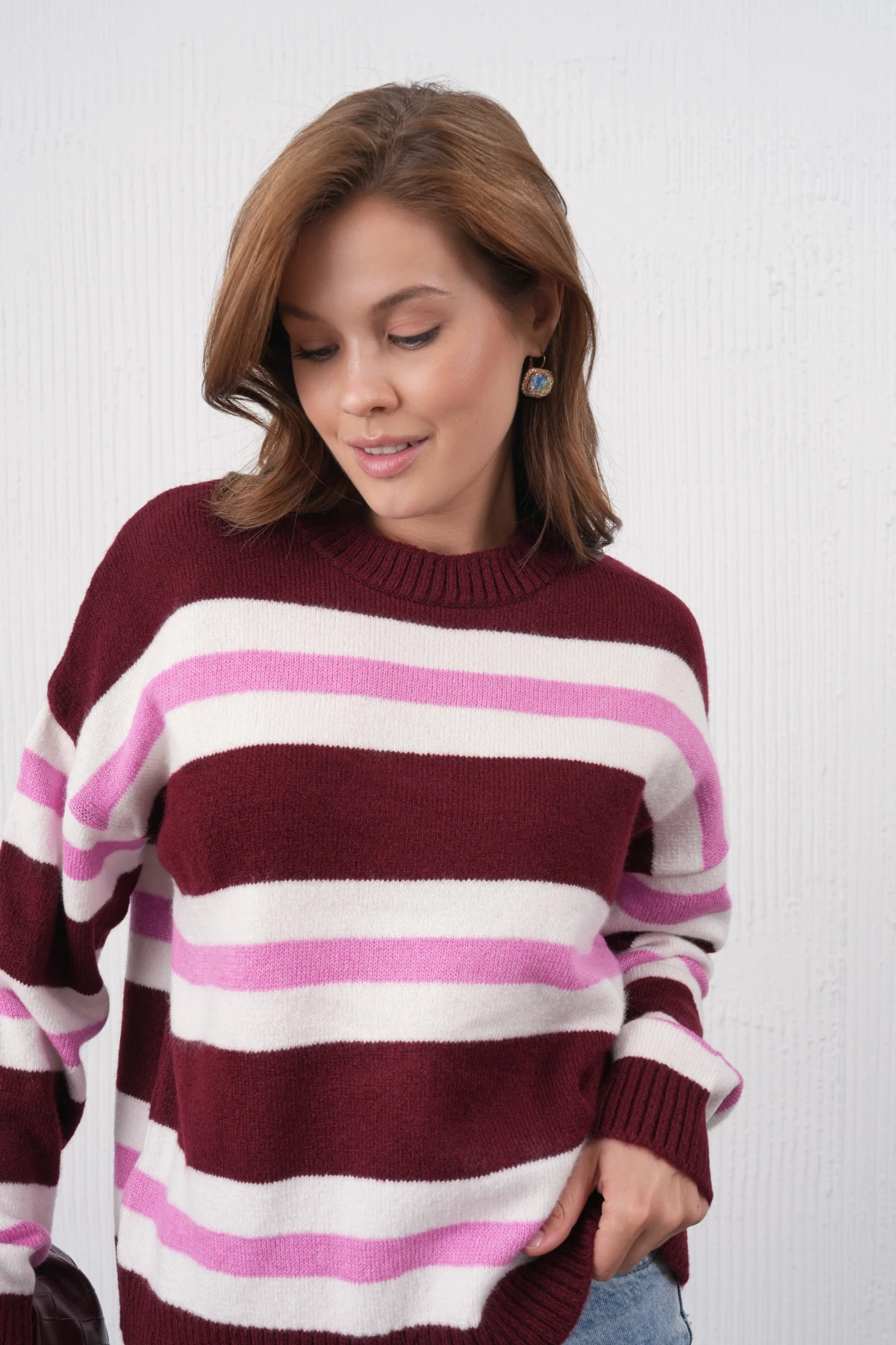 Kadın Kemik Bisiklet Yaka Çizgili Oversize Triko Kazak