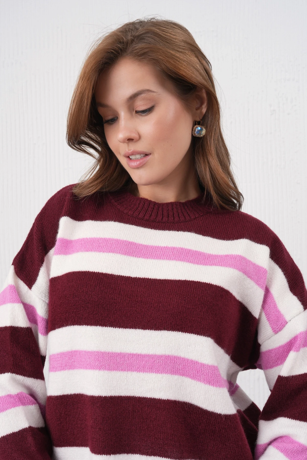 Kadın Kemik Bisiklet Yaka Çizgili Oversize Triko Kazak