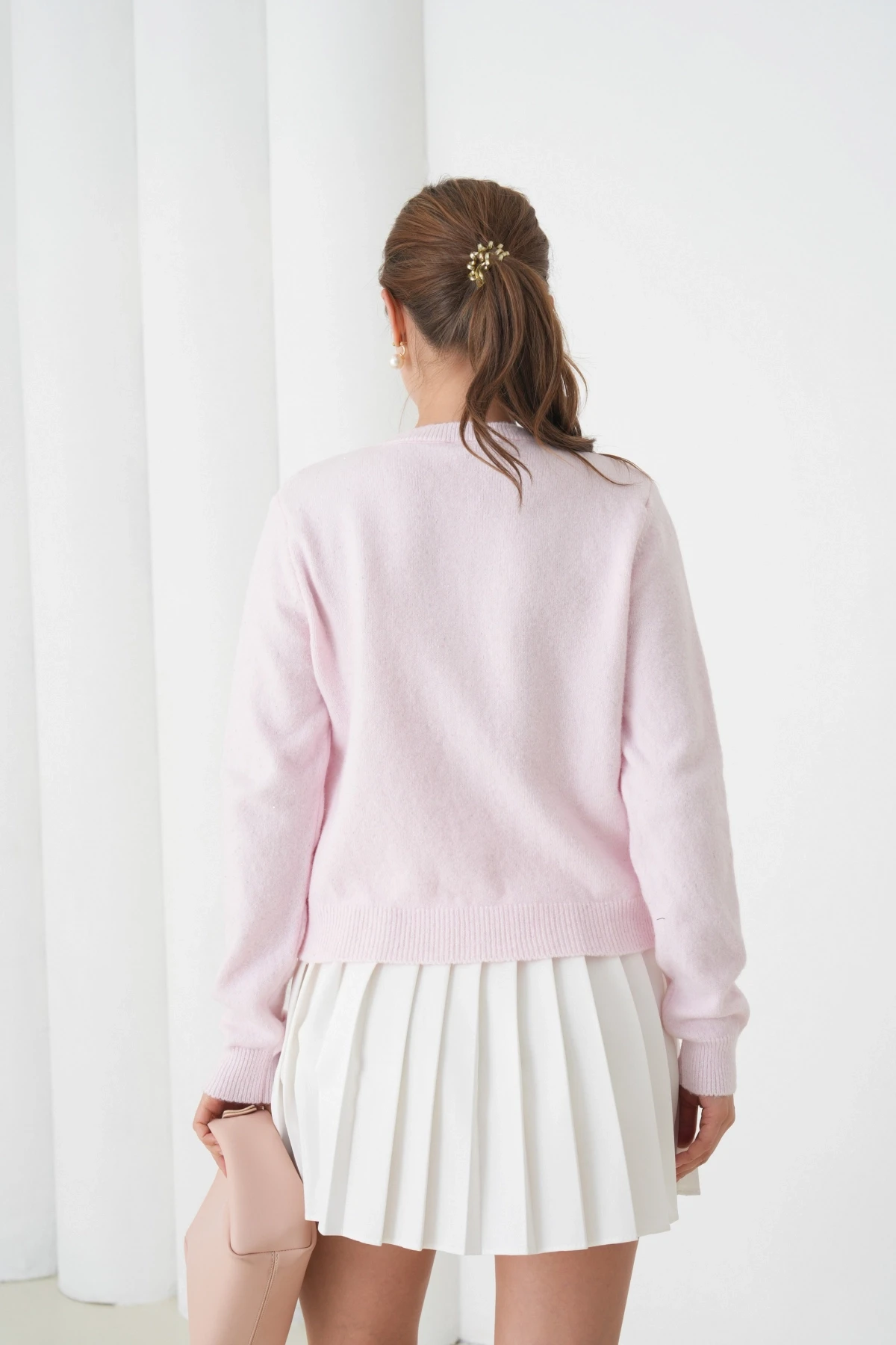 Kadın Pembe Bisiklet Yaka Düğme Detay Yumuşak Dokulu Triko Hırka