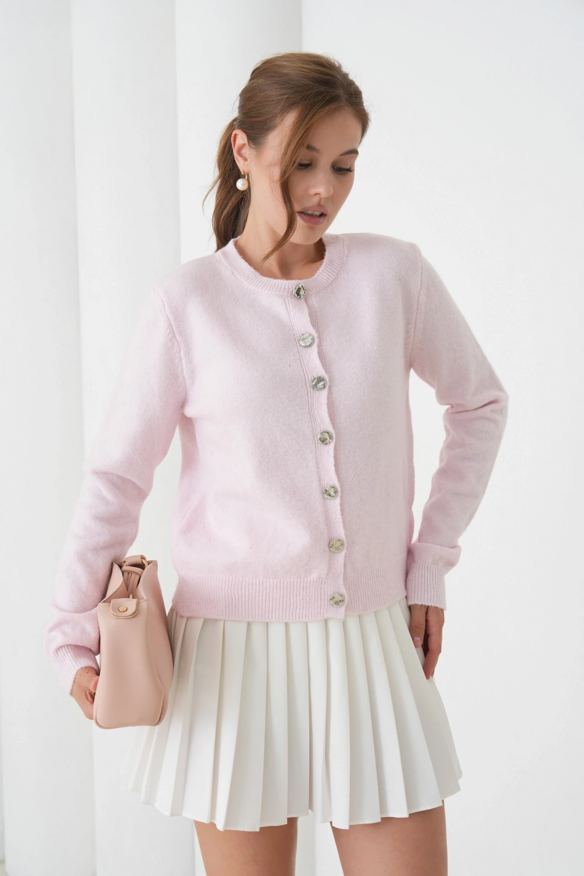 Kadın Pembe Bisiklet Yaka Düğme Detay Yumuşak Dokulu Triko Hırka