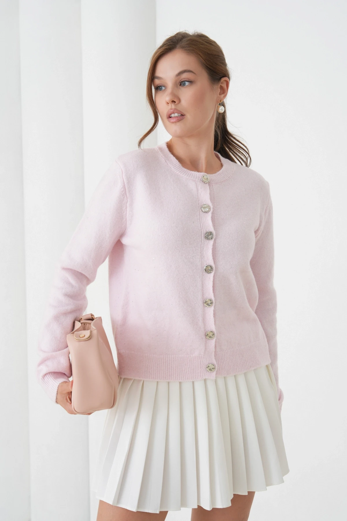 Kadın Pembe Bisiklet Yaka Düğme Detay Yumuşak Dokulu Triko Hırka