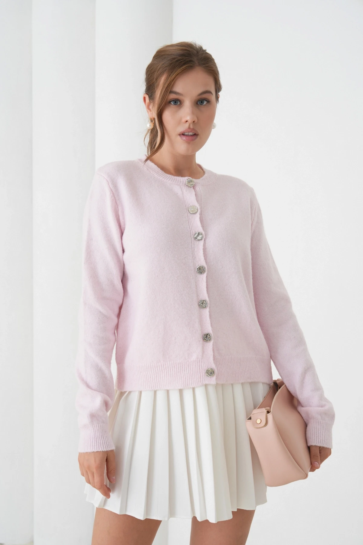 Kadın Pembe Bisiklet Yaka Düğme Detay Yumuşak Dokulu Triko Hırka