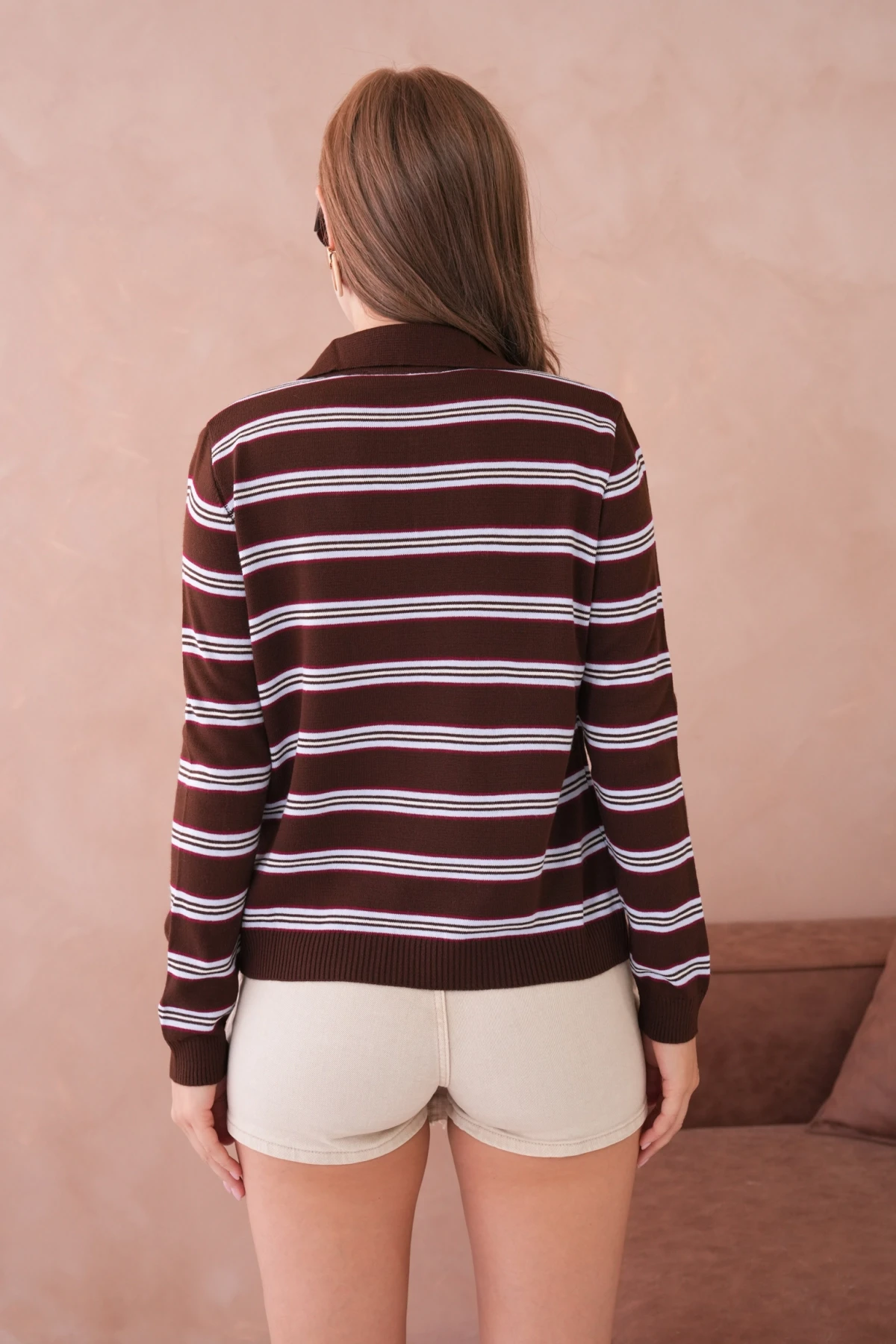 Kadın Polo Yaka Çizgi Detay Oversize Triko Kazak