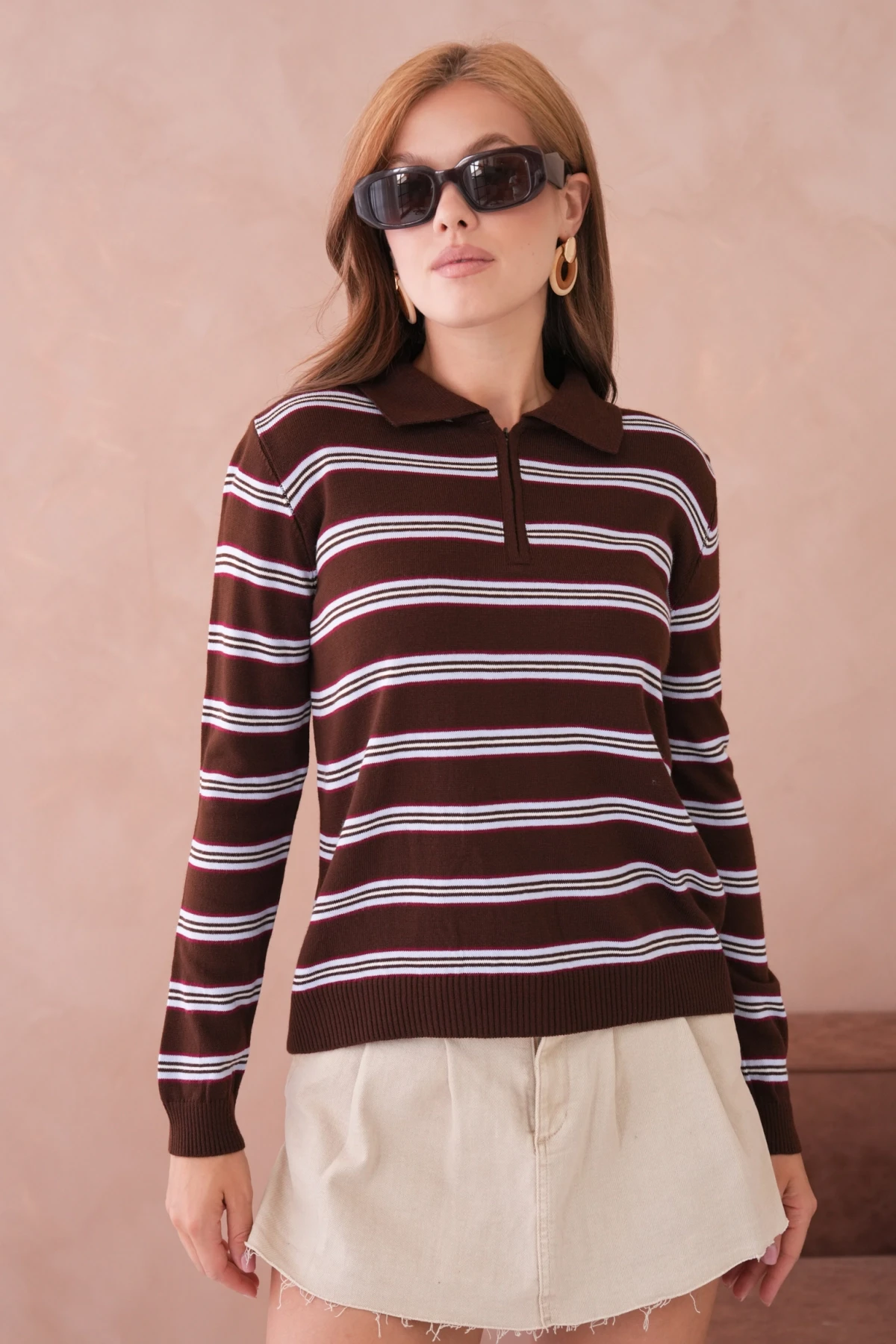 Kadın Polo Yaka Çizgi Detay Oversize Triko Kazak