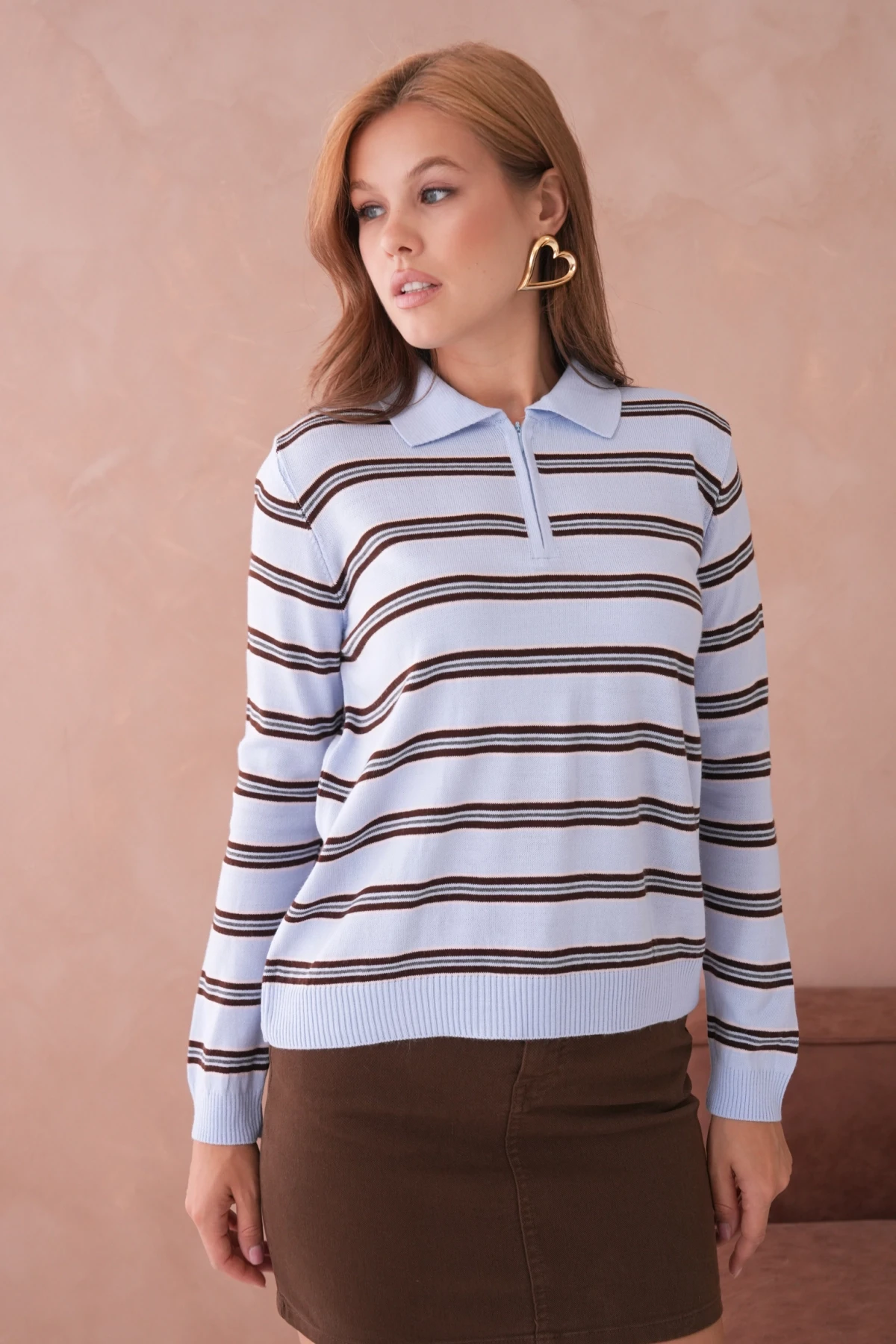 Kadın Polo Yaka Çizgi Detay Oversize Triko Kazak