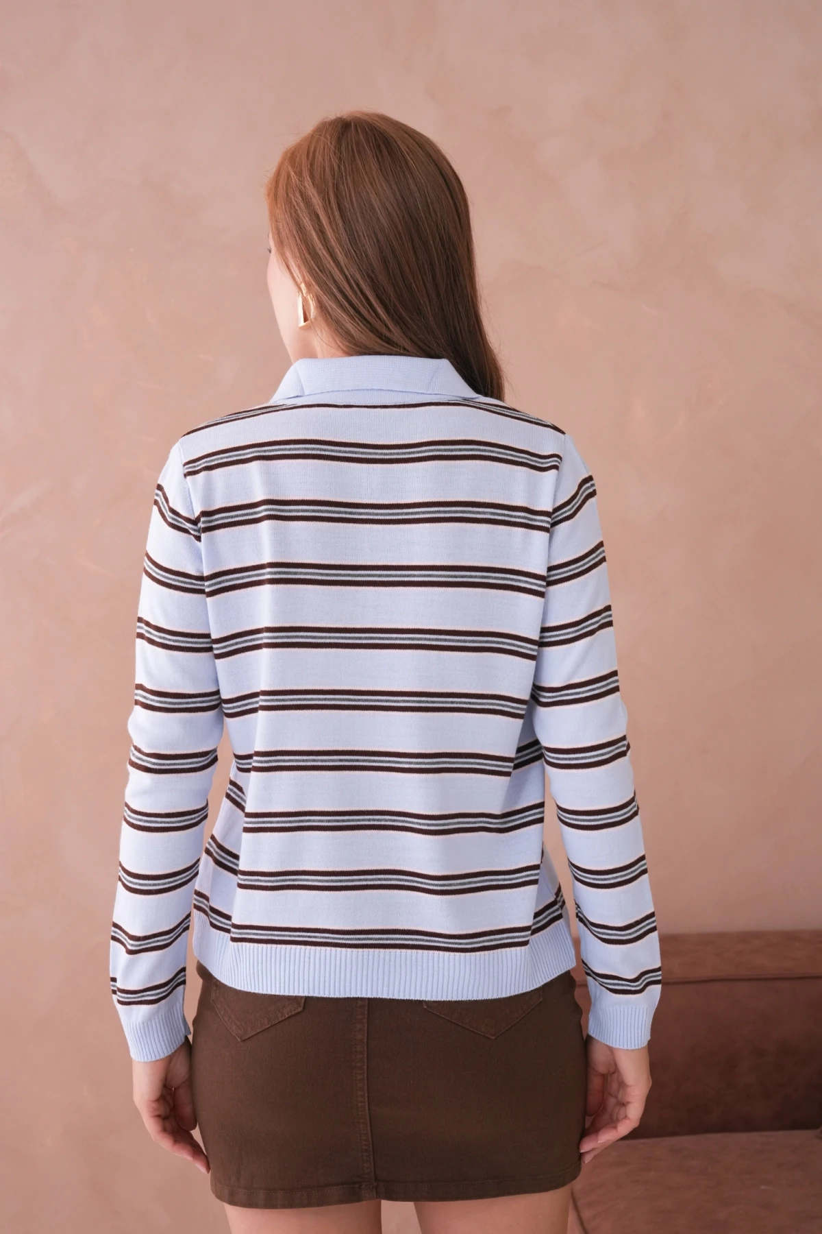 Kadın Polo Yaka Çizgi Detay Oversize Triko Kazak