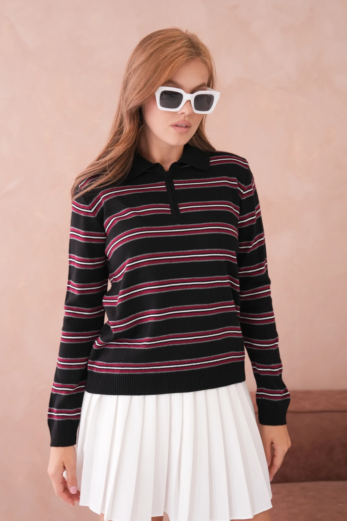 Kadın Polo Yaka Çizgi Detay Oversize Triko Kazak