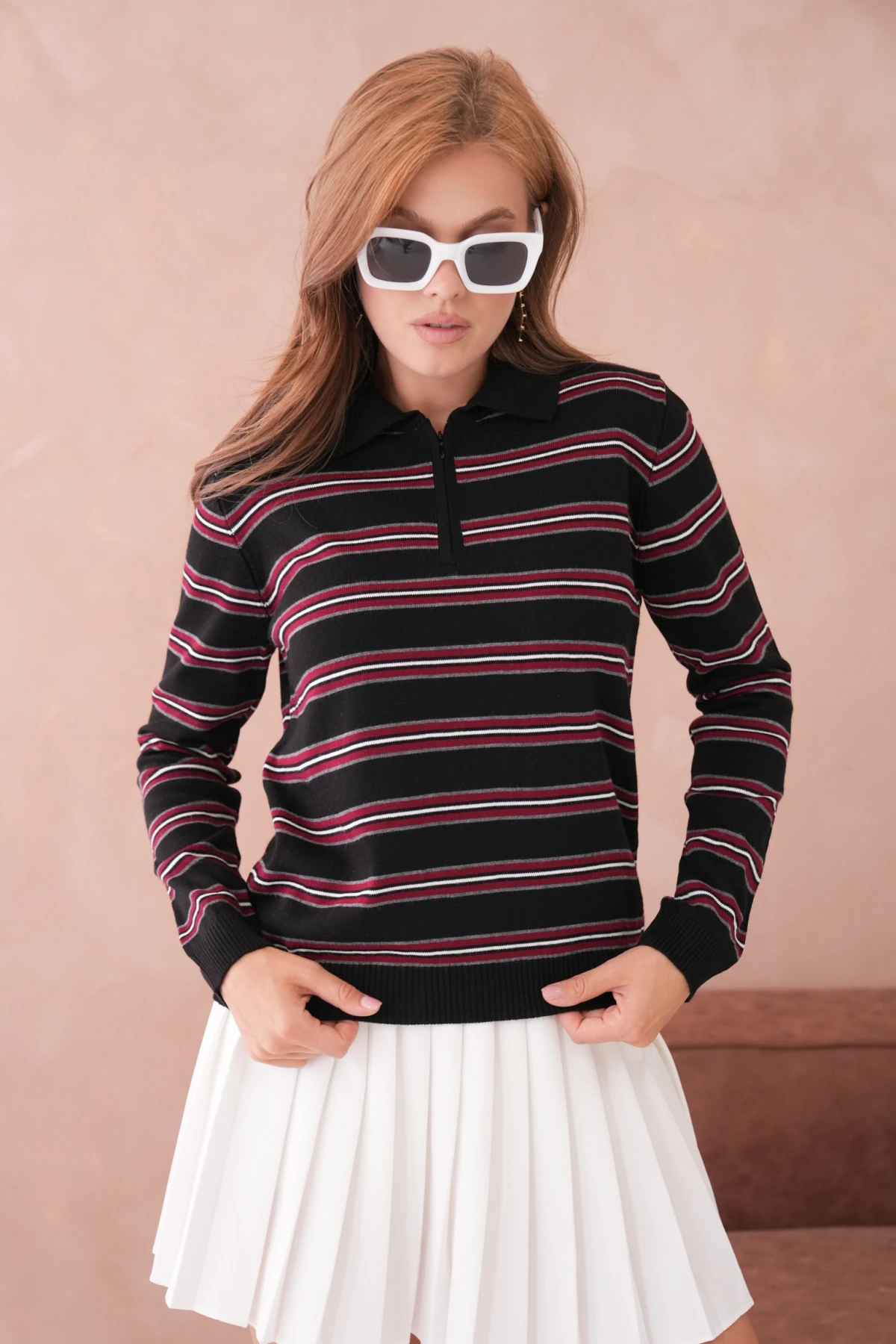 Kadın Polo Yaka Çizgi Detay Oversize Triko Kazak