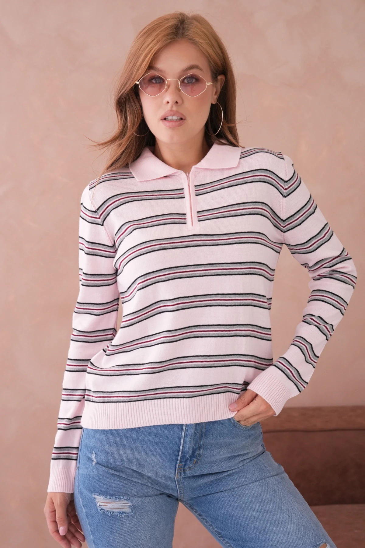 Kadın Polo Yaka Çizgi Detay Oversize Triko Kazak