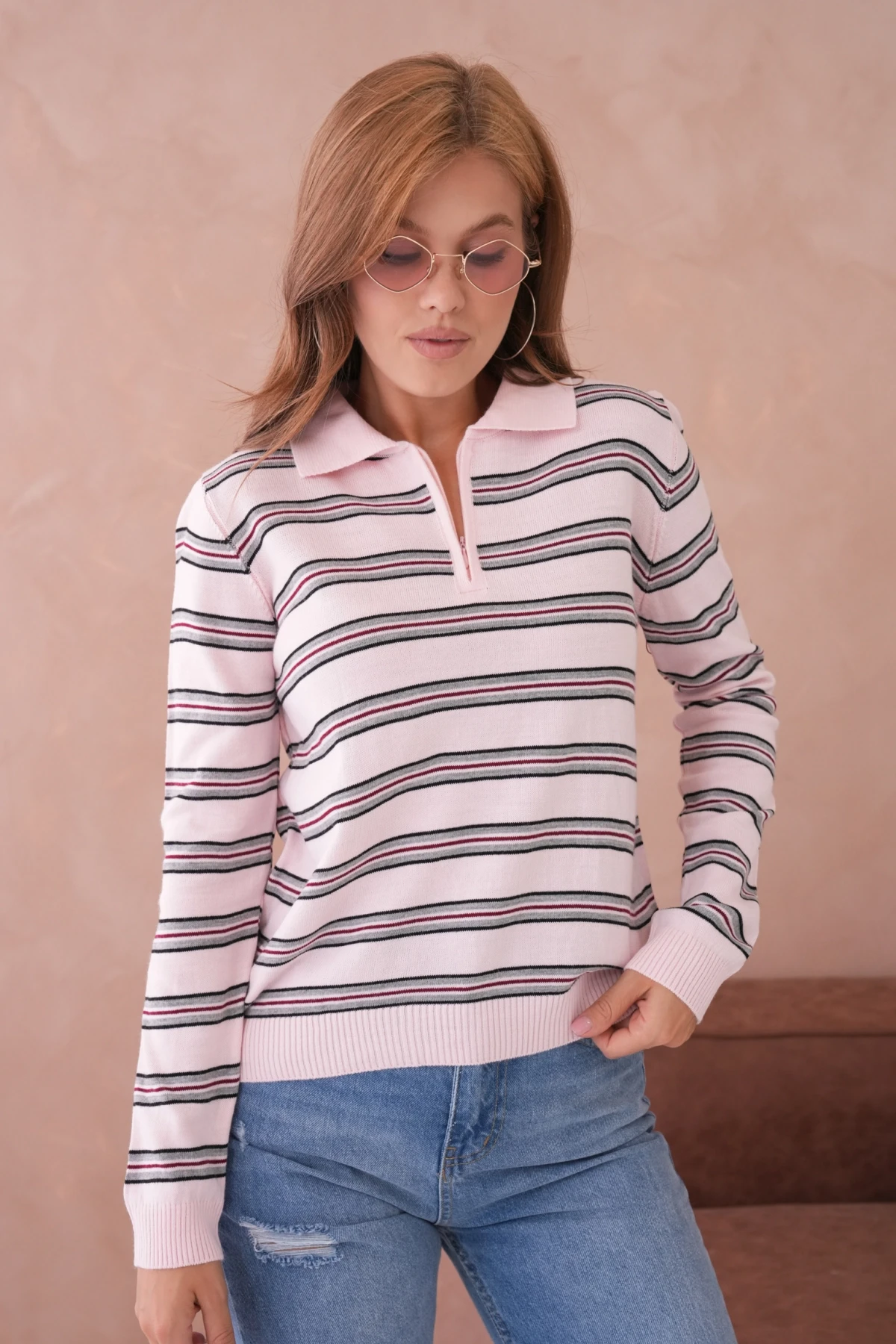 Kadın Polo Yaka Çizgi Detay Oversize Triko Kazak