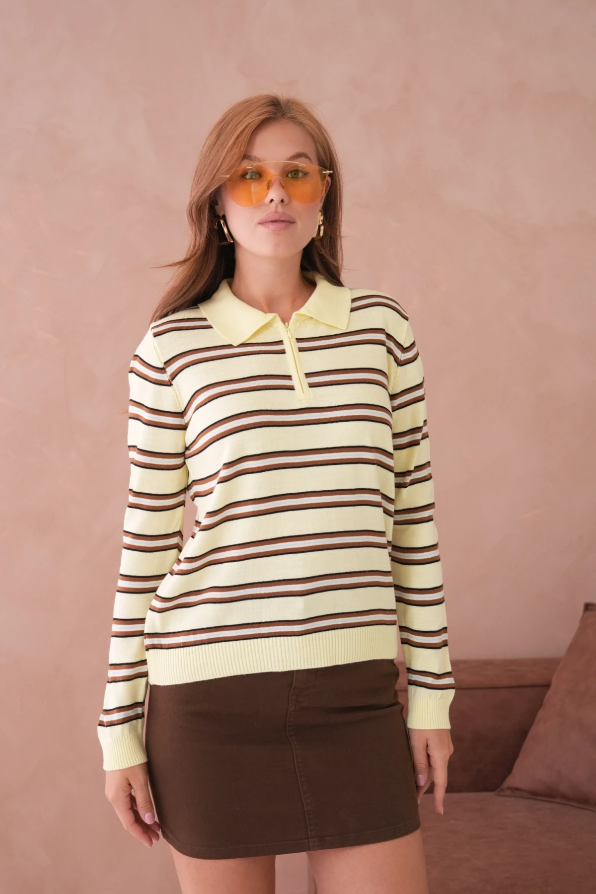 Kadın Polo Yaka Çizgi Detay Oversize Triko Kazak