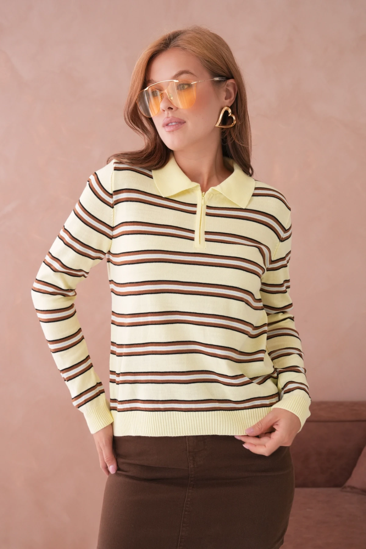 Kadın Polo Yaka Çizgi Detay Oversize Triko Kazak