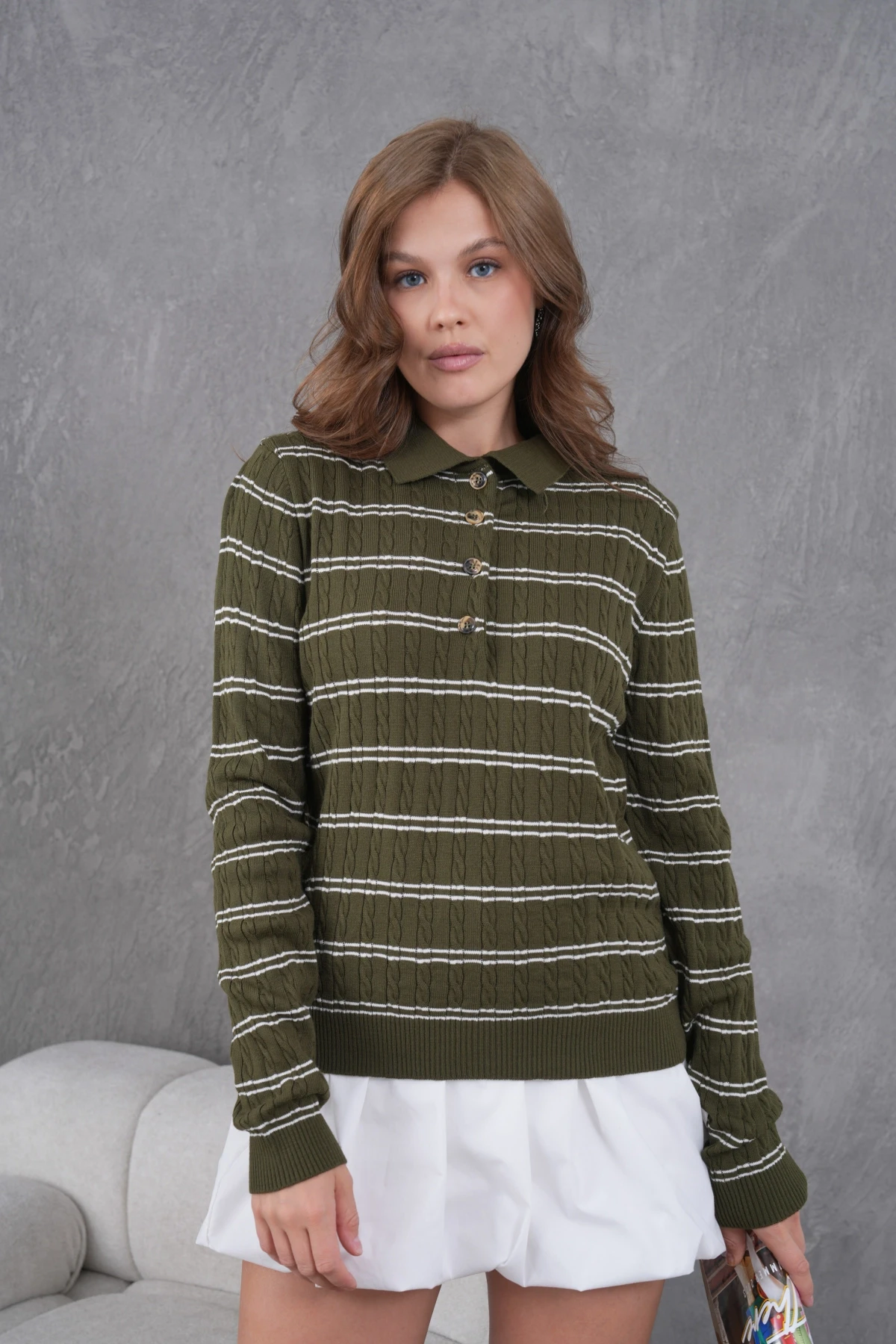 Kadın Polo Yaka Çizgi Detay Saç Örgü Triko Kazak