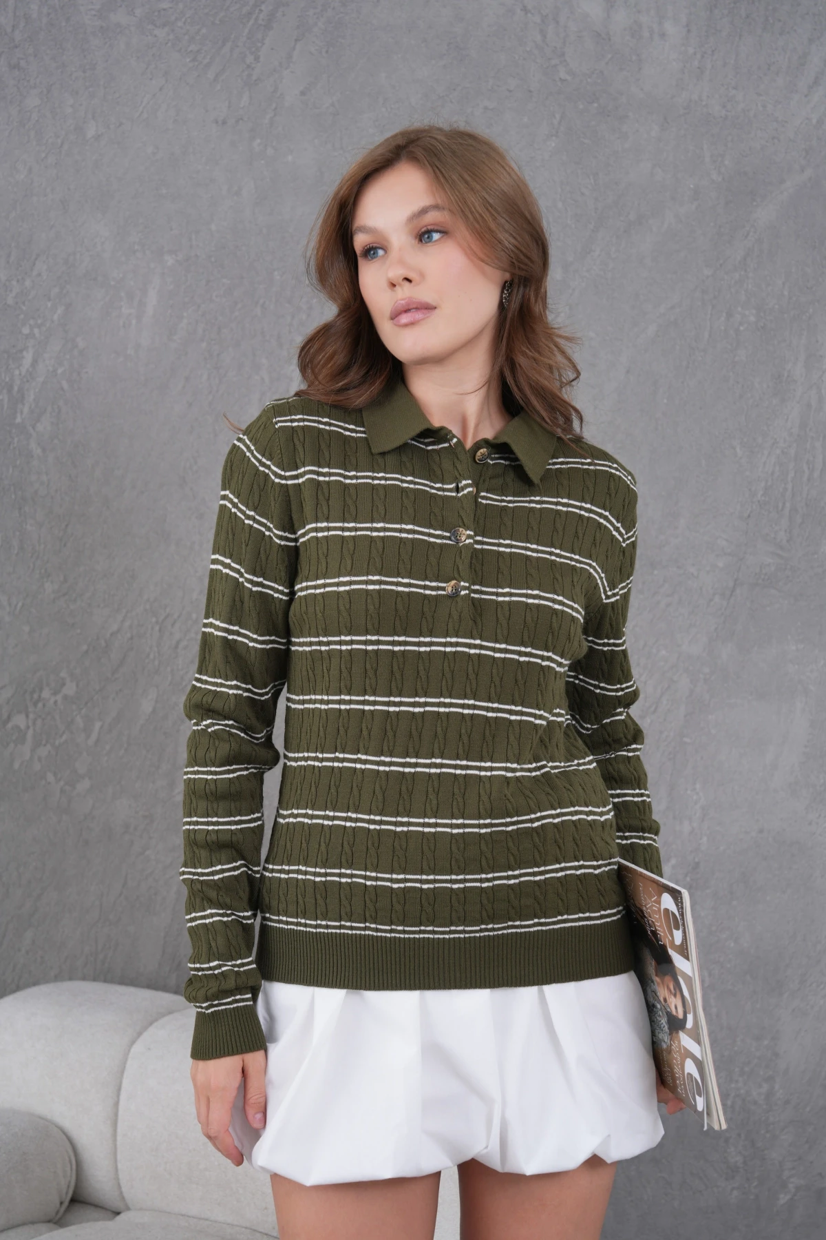 Kadın Polo Yaka Çizgi Detay Saç Örgü Triko Kazak