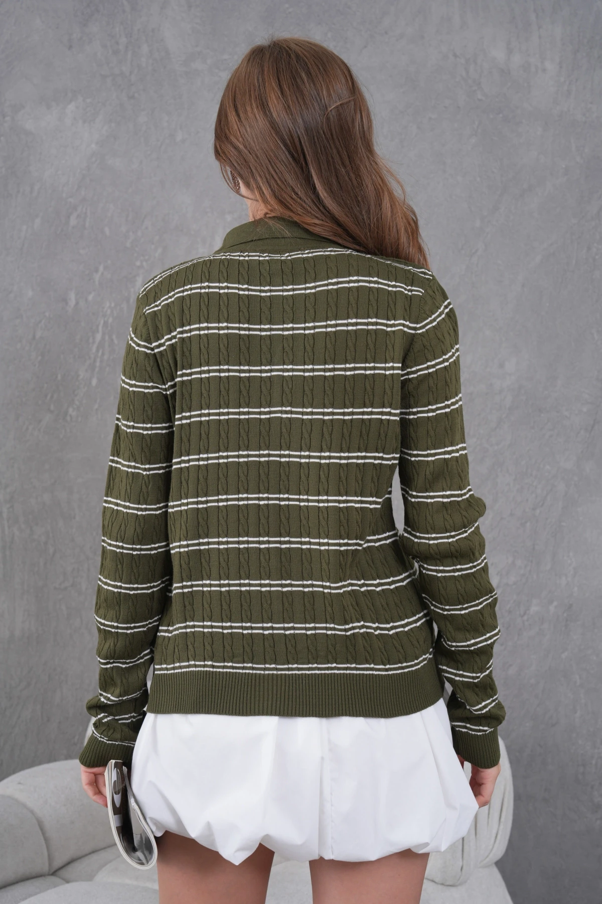 Kadın Polo Yaka Çizgi Detay Saç Örgü Triko Kazak