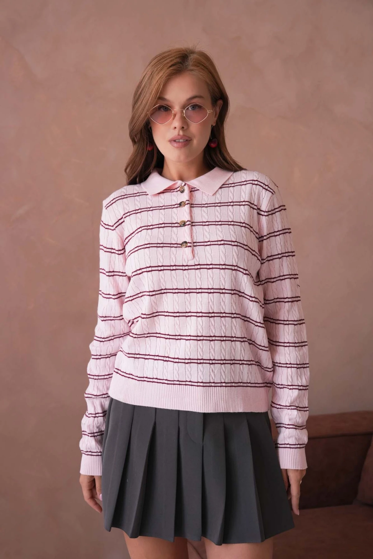 Kadın Polo Yaka Çizgi Detay Saç Örgü Triko Kazak