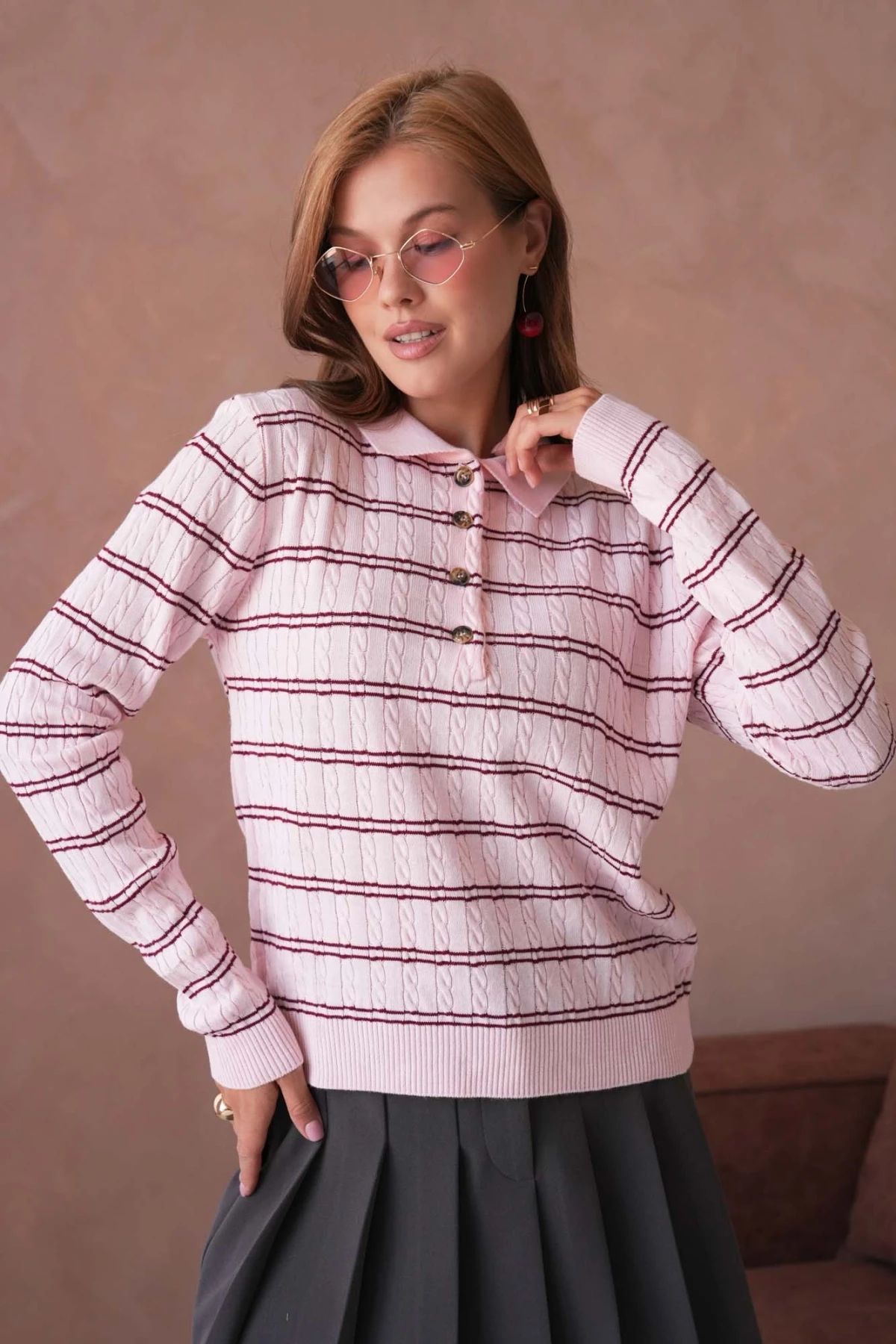 Kadın Polo Yaka Çizgi Detay Saç Örgü Triko Kazak