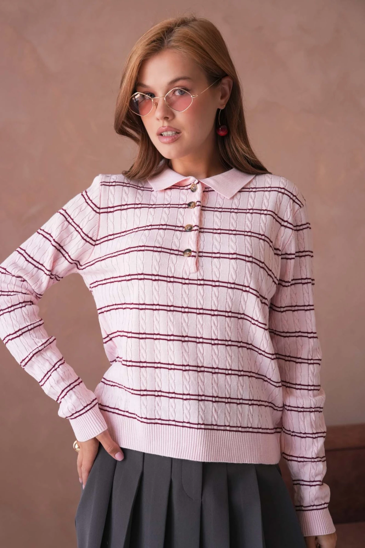 Kadın Polo Yaka Çizgi Detay Saç Örgü Triko Kazak