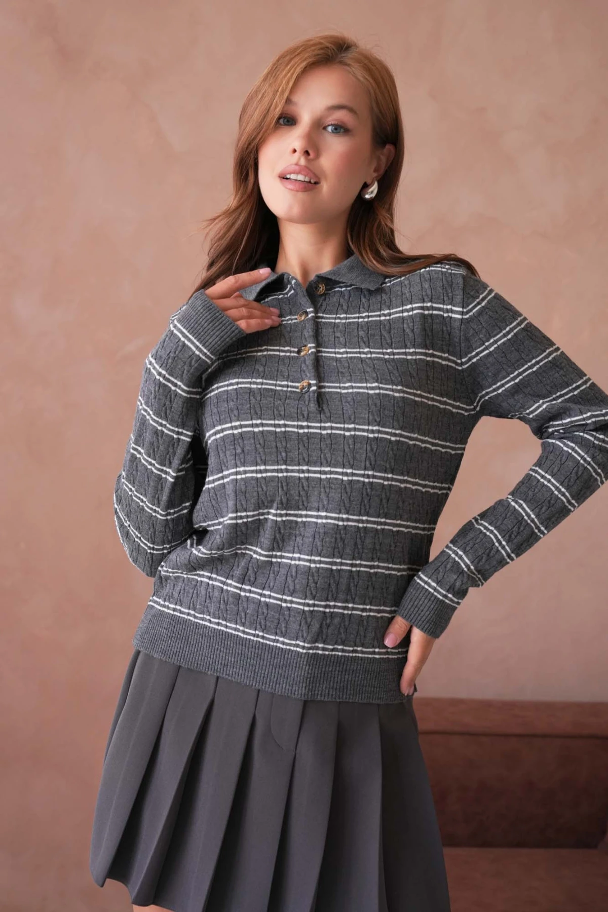 Kadın Polo Yaka Çizgi Detay Saç Örgü Triko Kazak