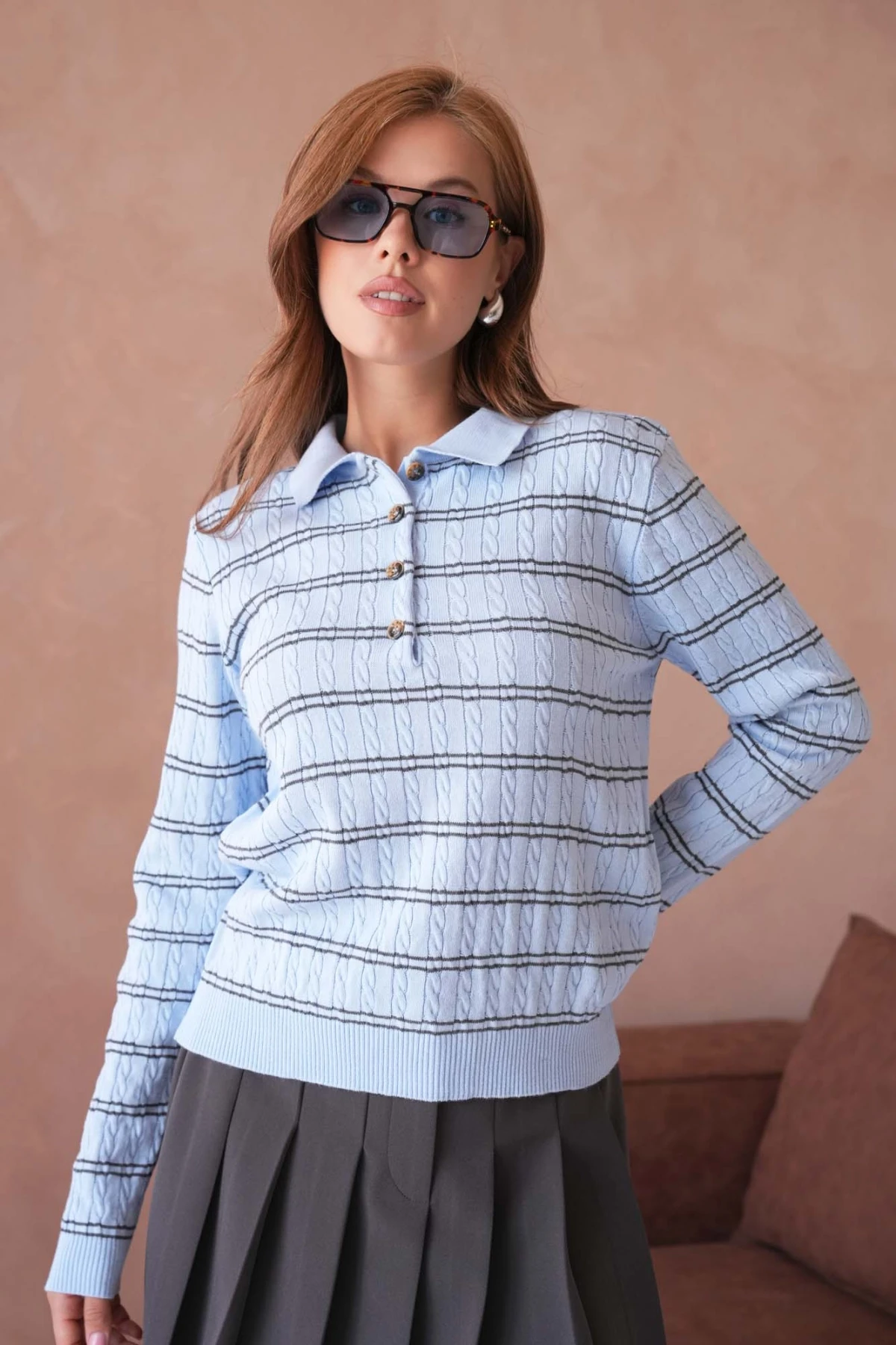 Kadın Polo Yaka Çizgi Detay Saç Örgü Triko Kazak