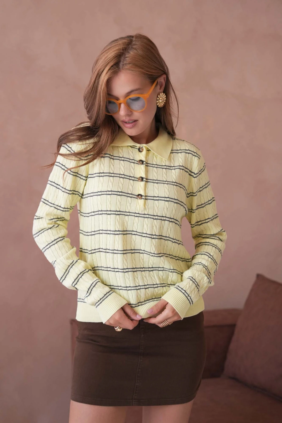 Kadın Polo Yaka Çizgi Detay Saç Örgü Triko Kazak