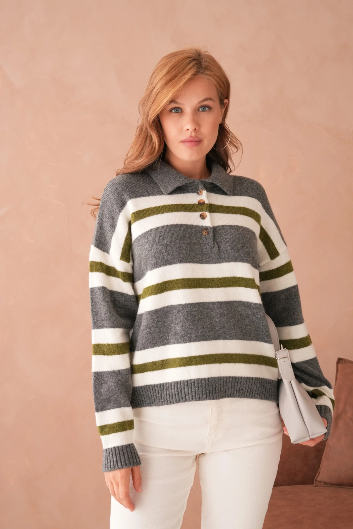 Kadın Polo Yaka Çizgili Oversize Triko Kazak