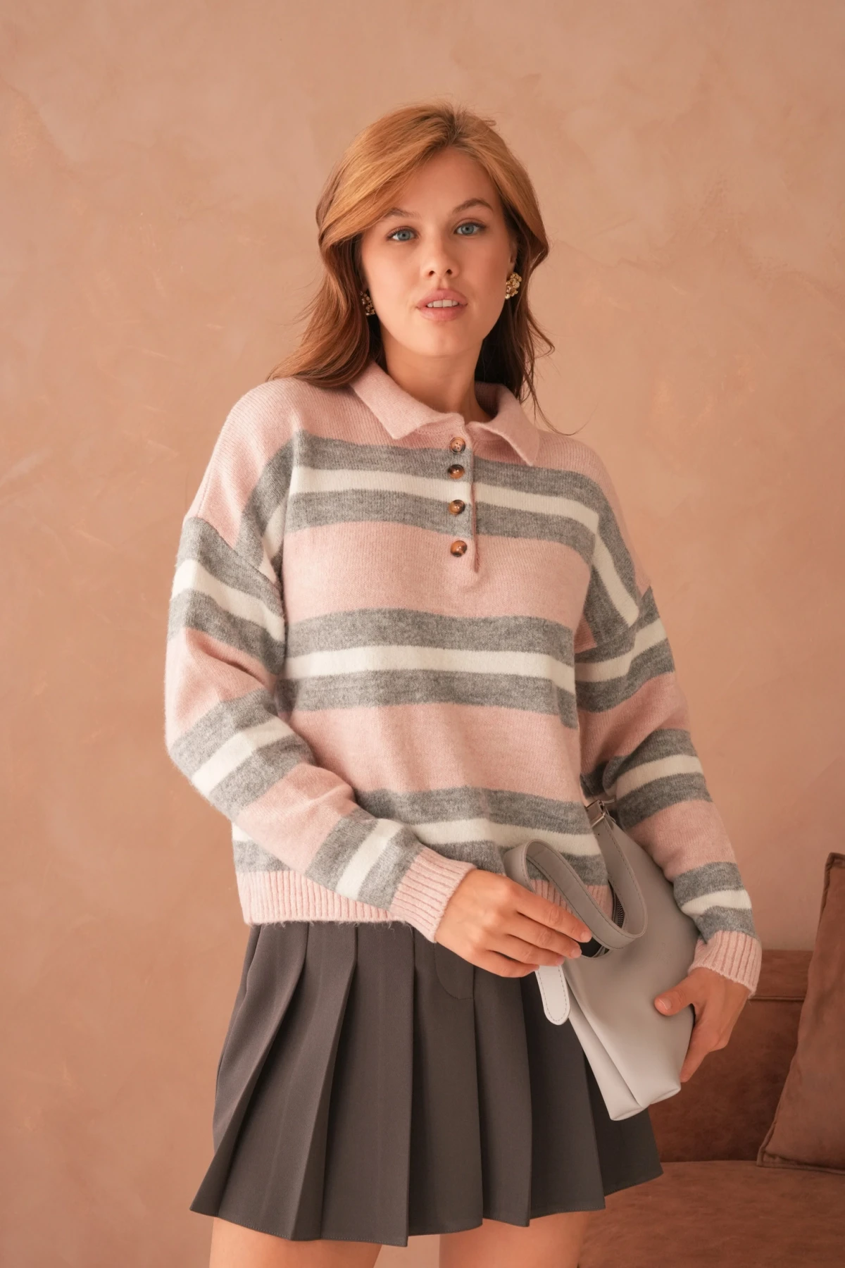 Kadın Polo Yaka Çizgili Oversize Triko Kazak