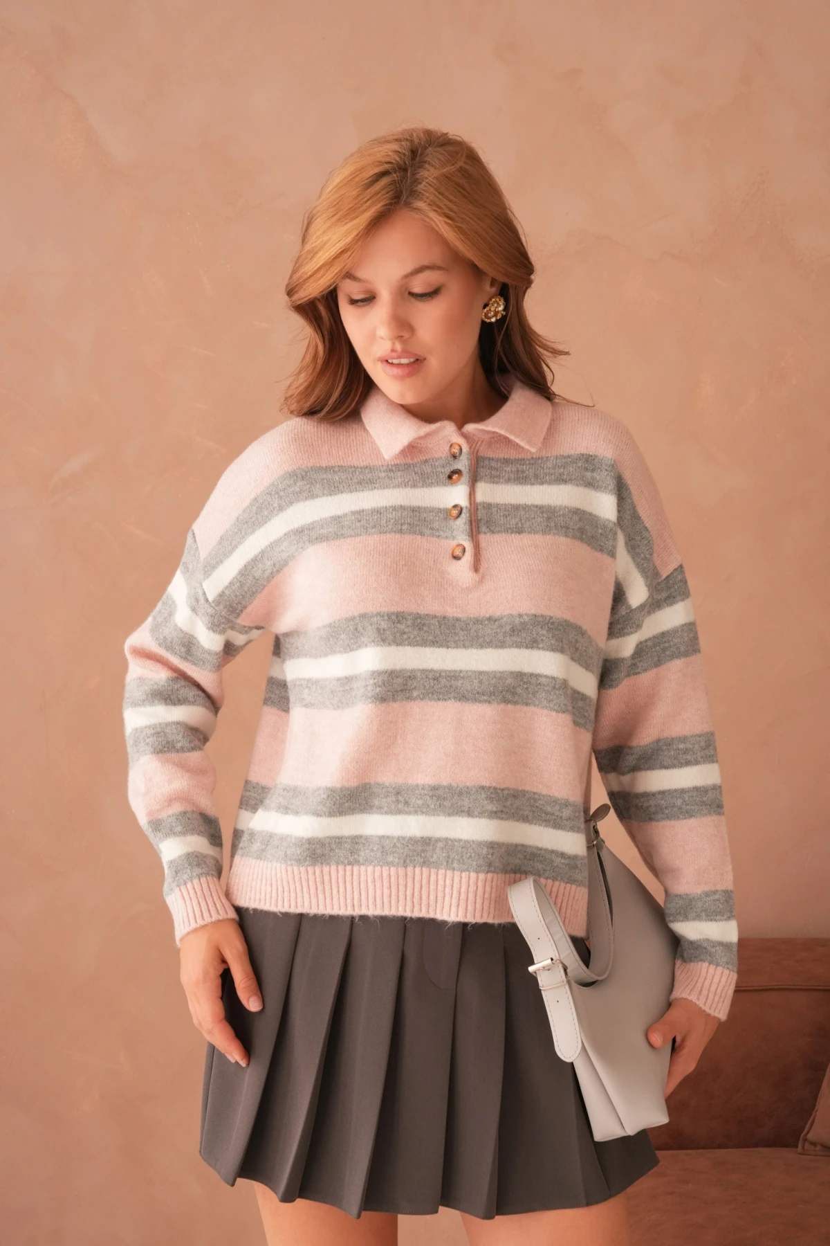 Kadın Polo Yaka Çizgili Oversize Triko Kazak