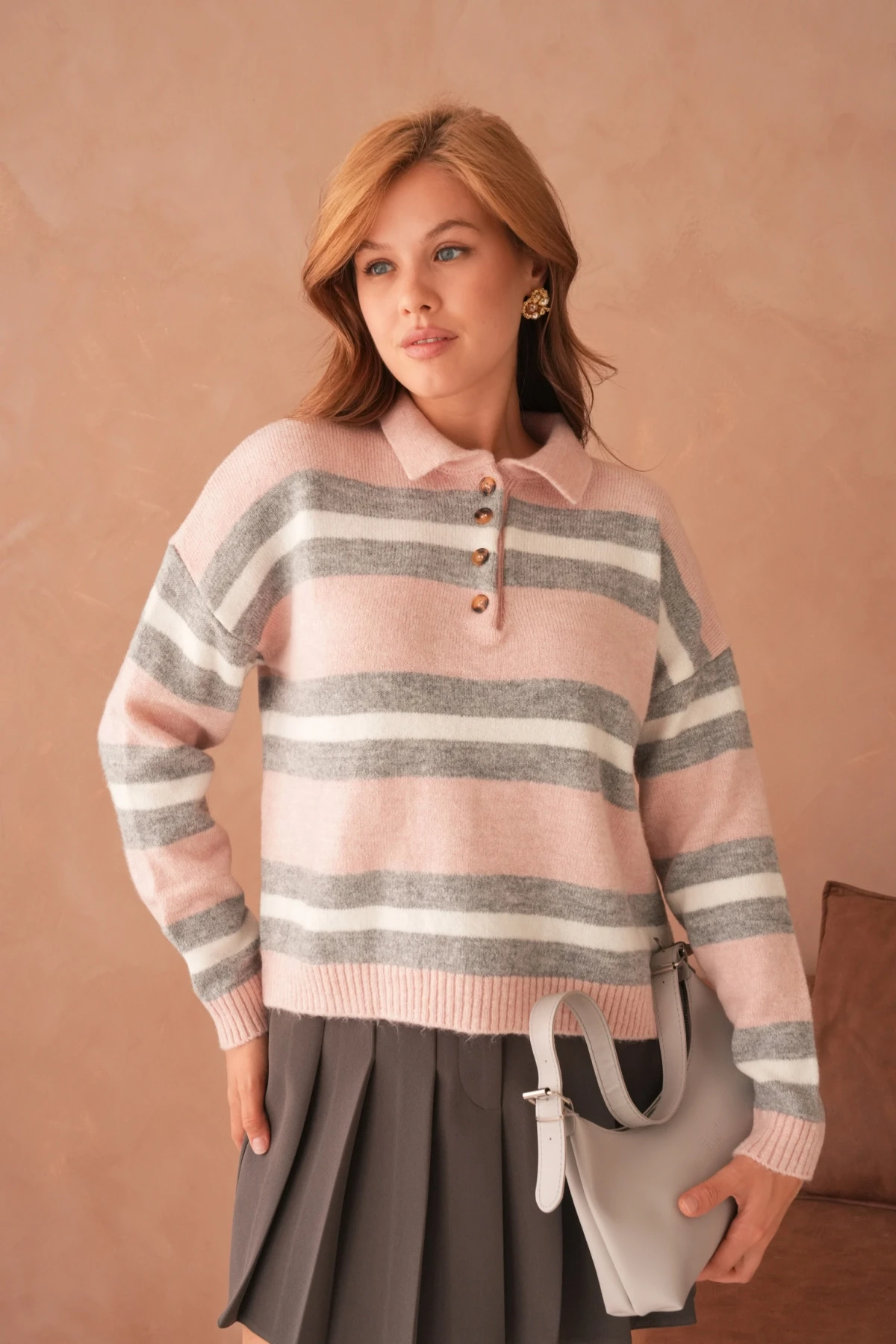 Kadın Polo Yaka Çizgili Oversize Triko Kazak