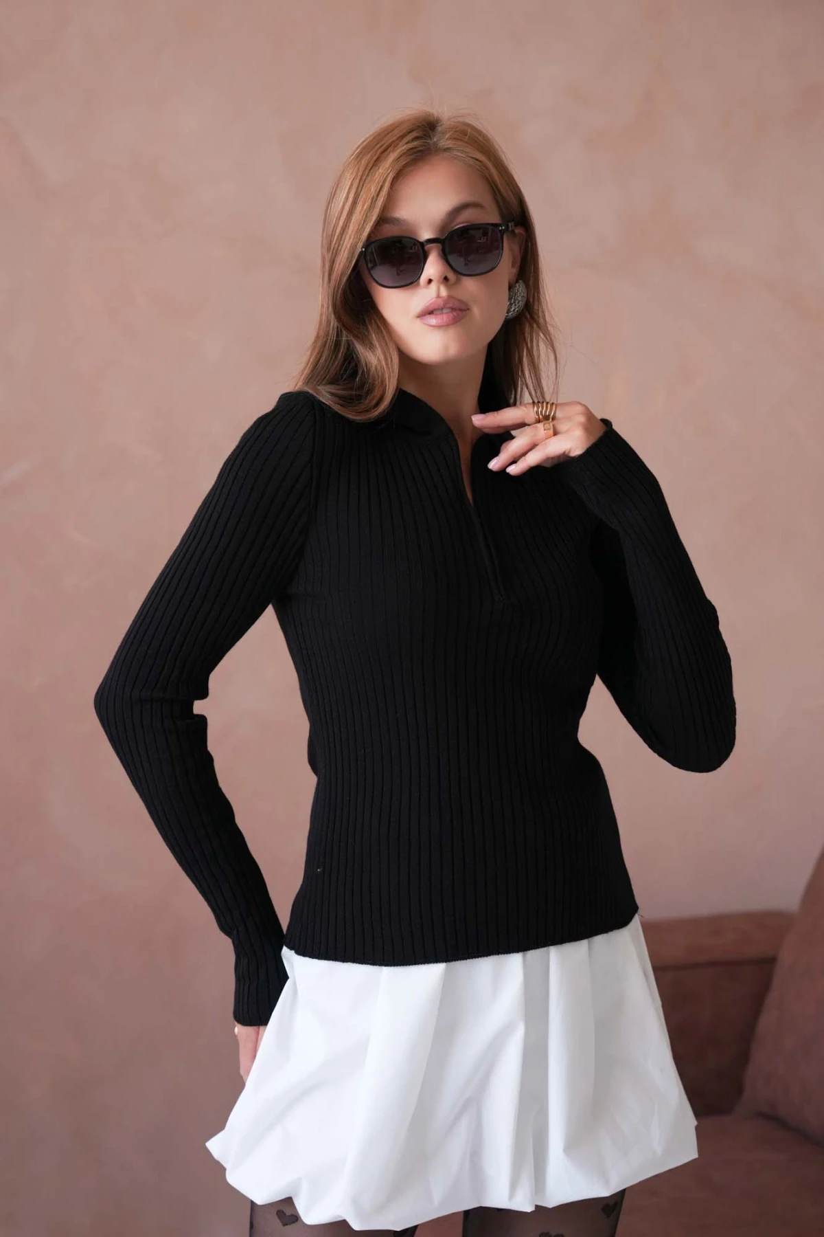 Kadın Polo Yaka Fermuar Detay Kaşkorse Triko Kazak