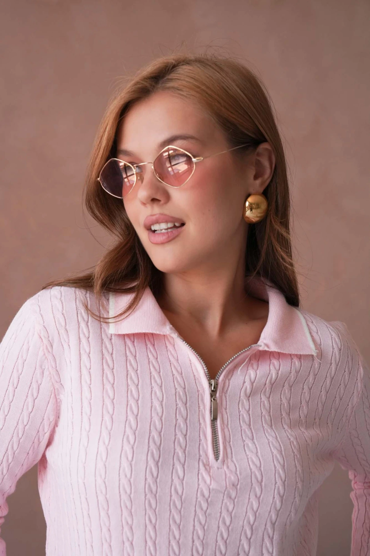 Kadın Polo Yaka Fermuar Detay Triko Kazak